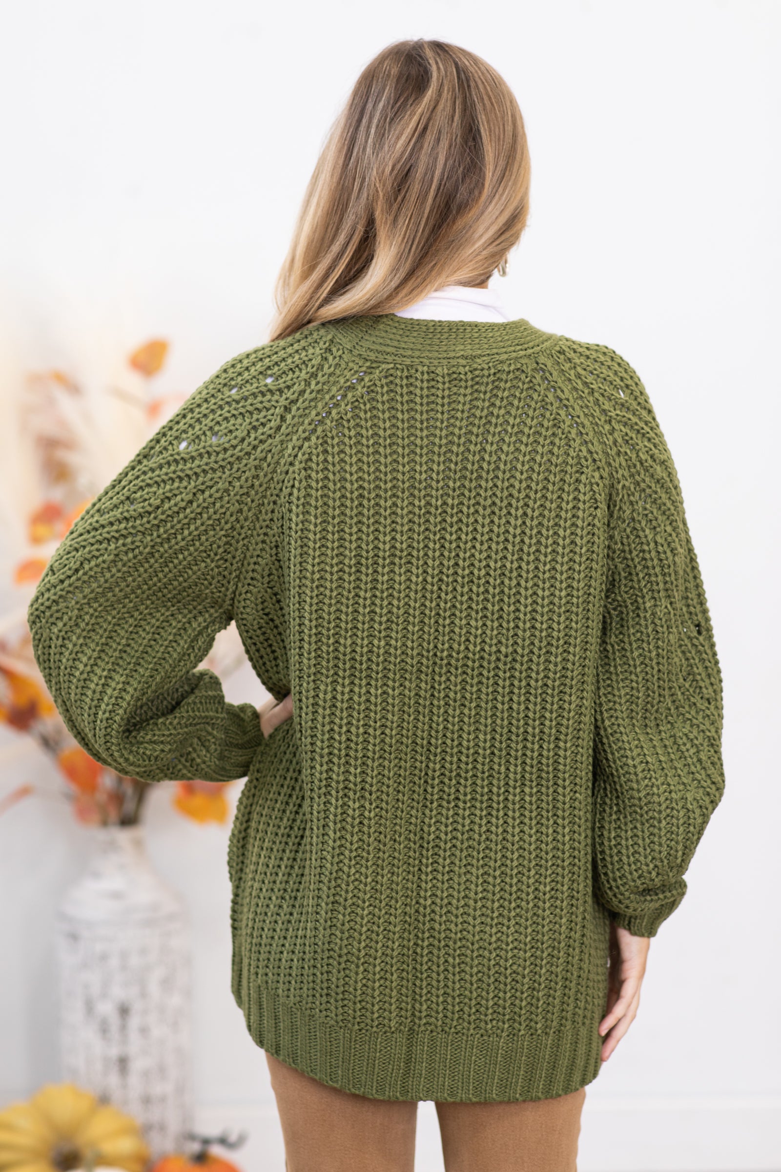 Olive Chunky Knit Cardigan With Pockets