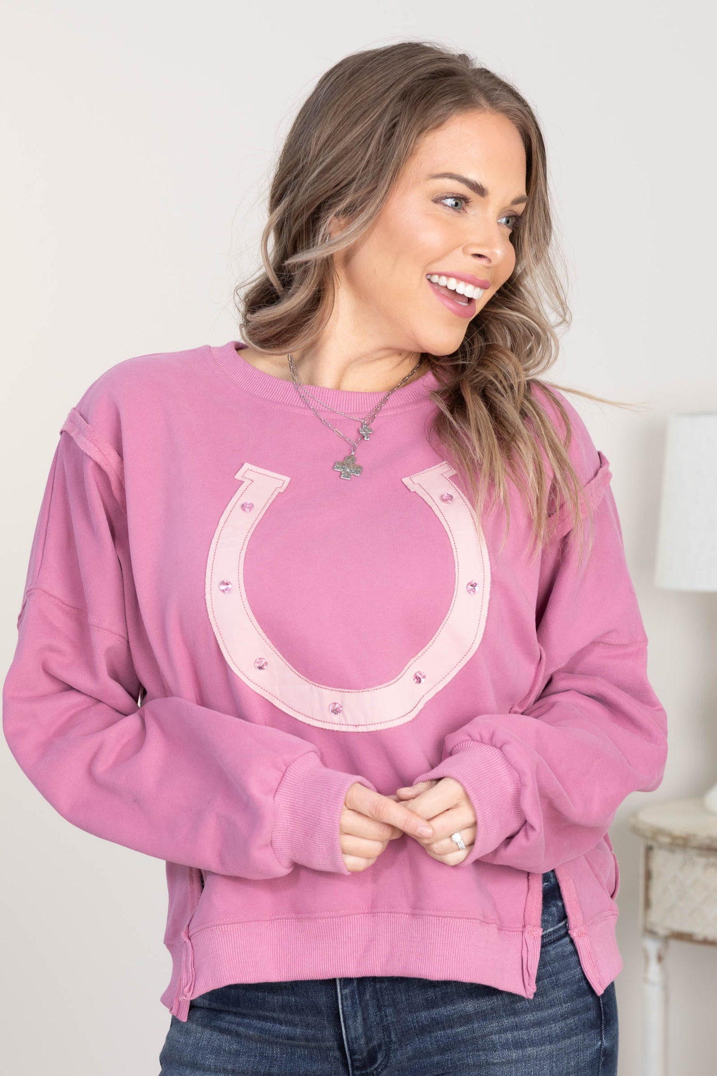 Mauve Boat Neck Horseshoe Contrasted Sweatshirt