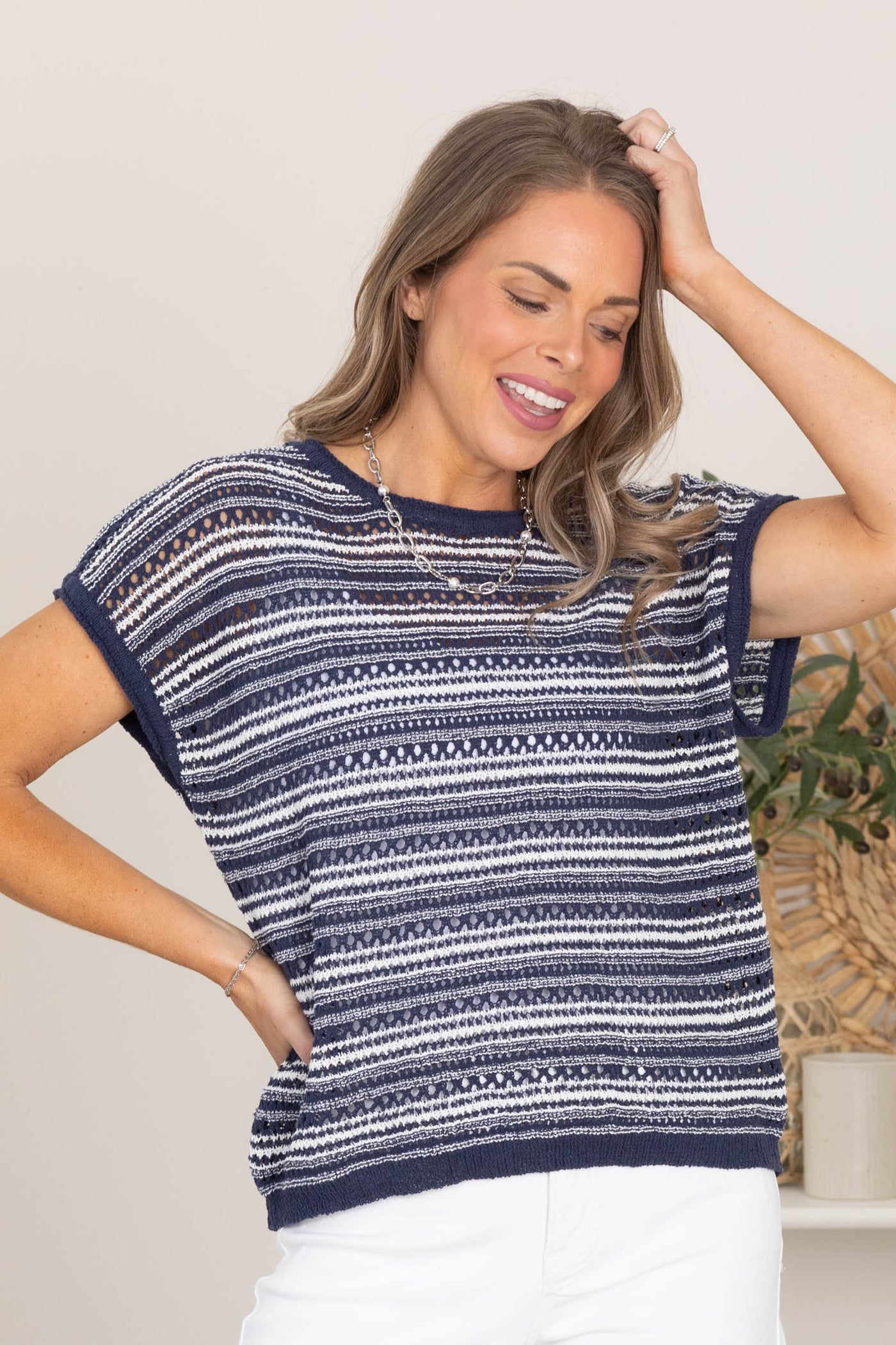 Lightweight Striped Crochet Knit Cap Sleeve Top