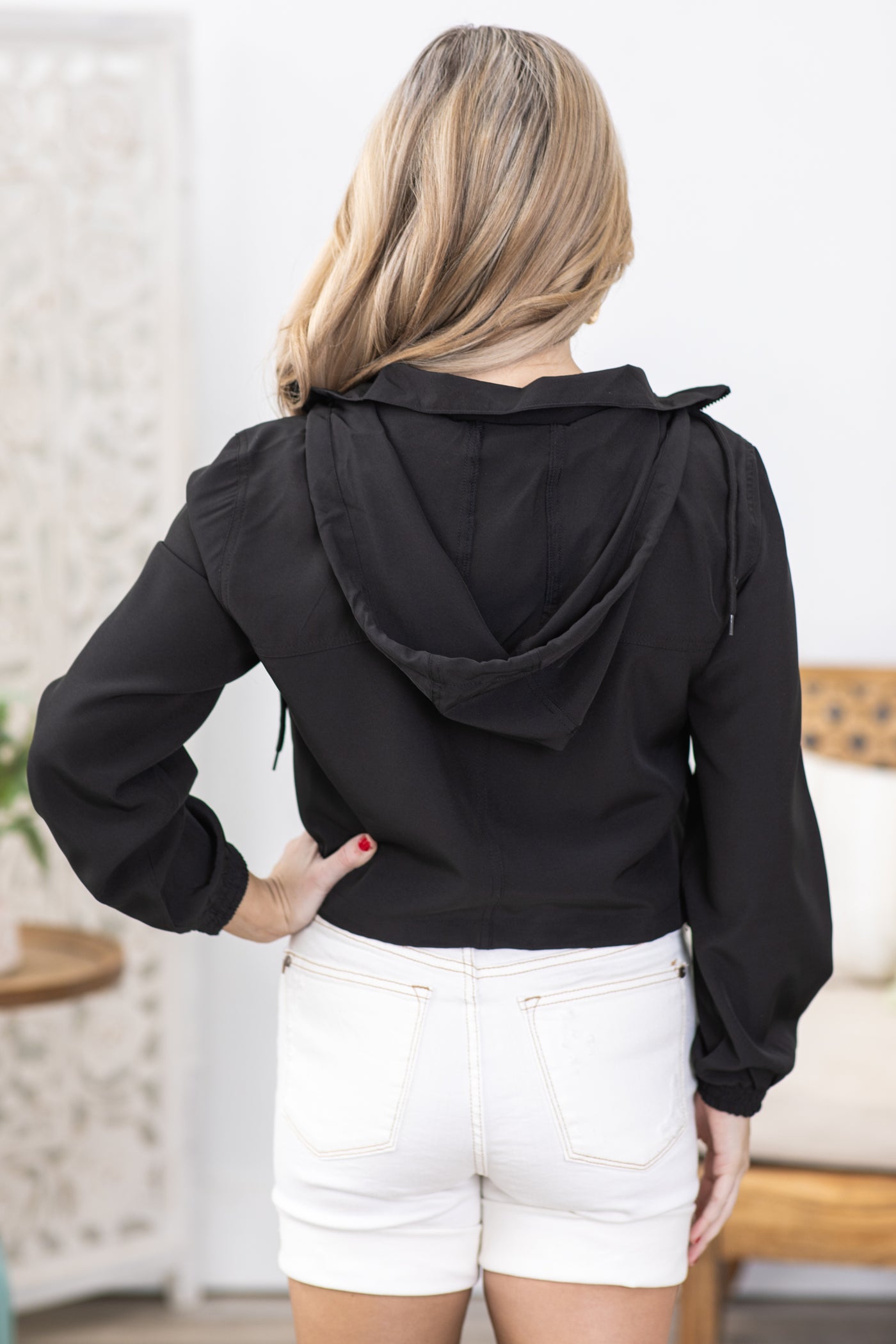 Black Hooded Jacket With Drawstring