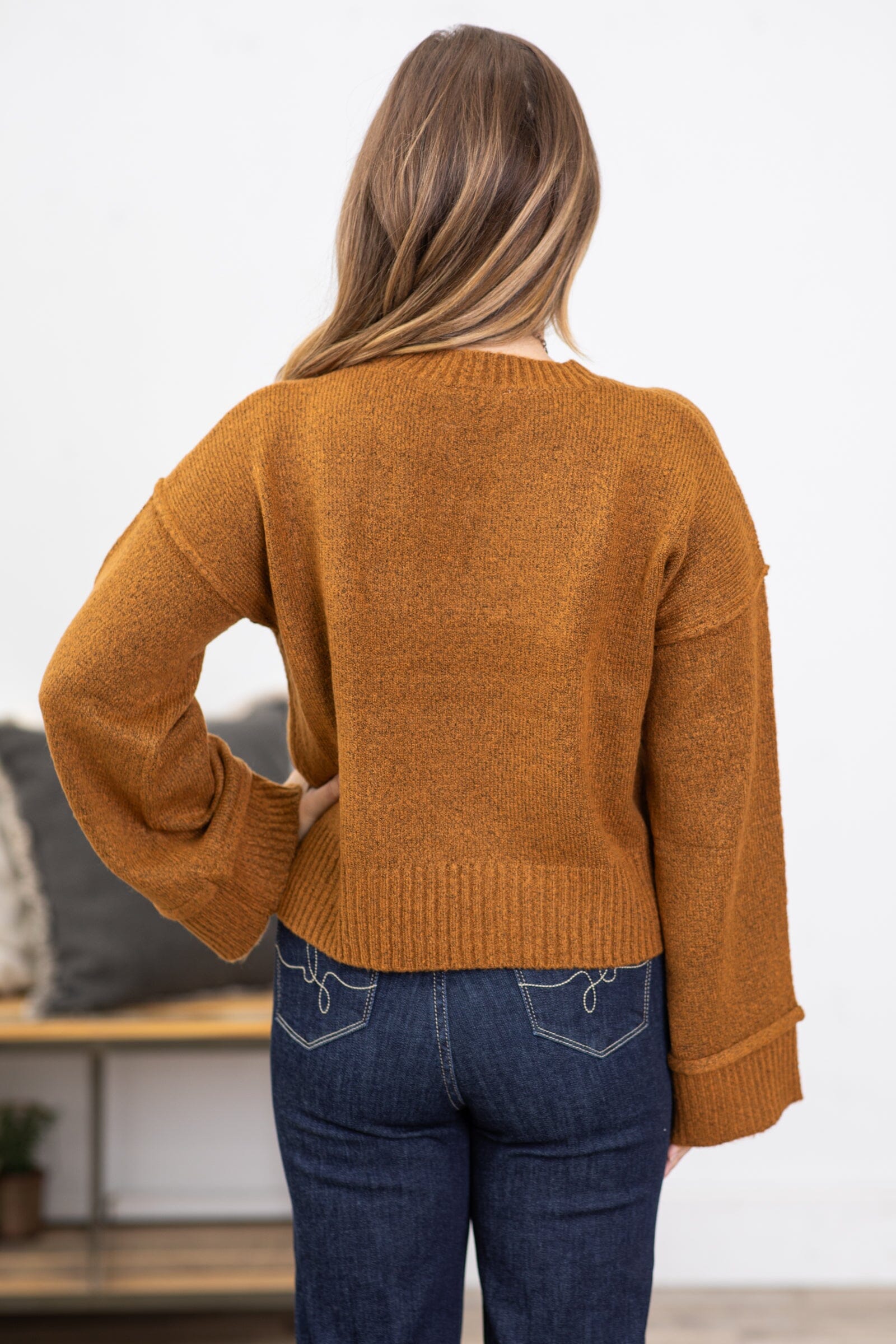 Copper Ribbed Trim Crew Neck Sweater - Filly Flair