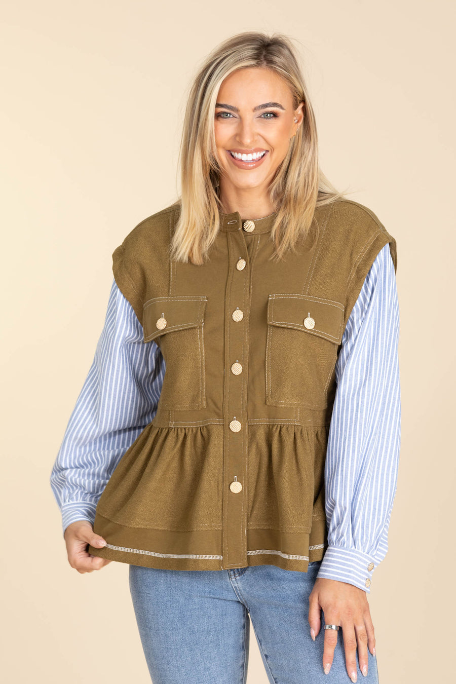 Olive Button Front Mixed Media Knit Top
