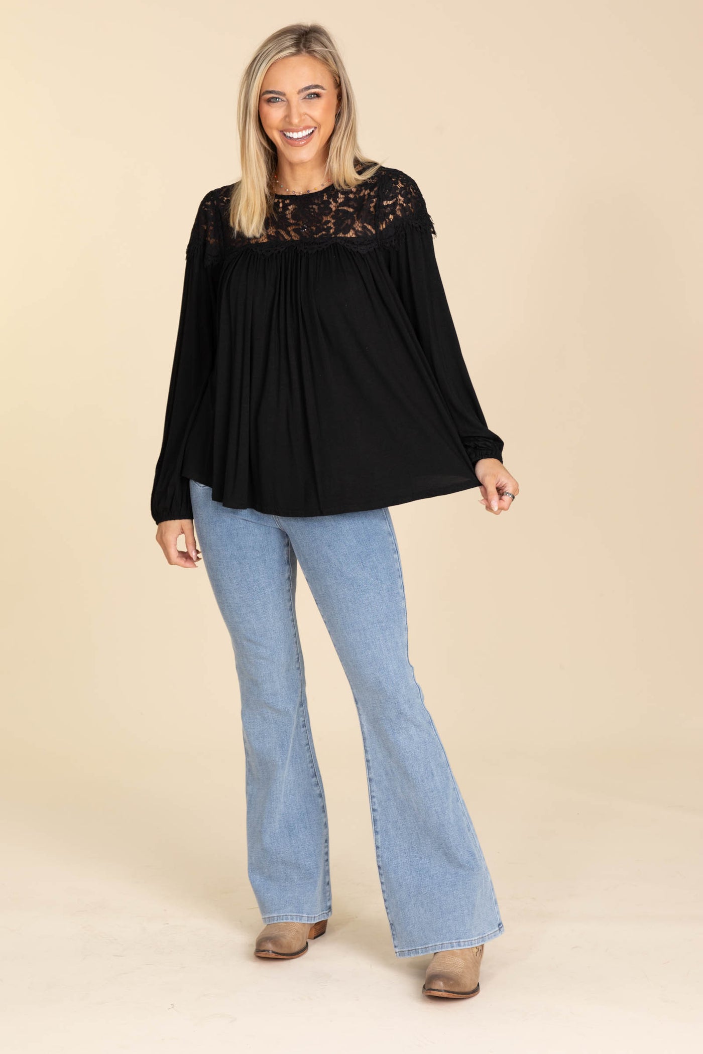 Black Long Sleeve Knit Top With Lace Neckline