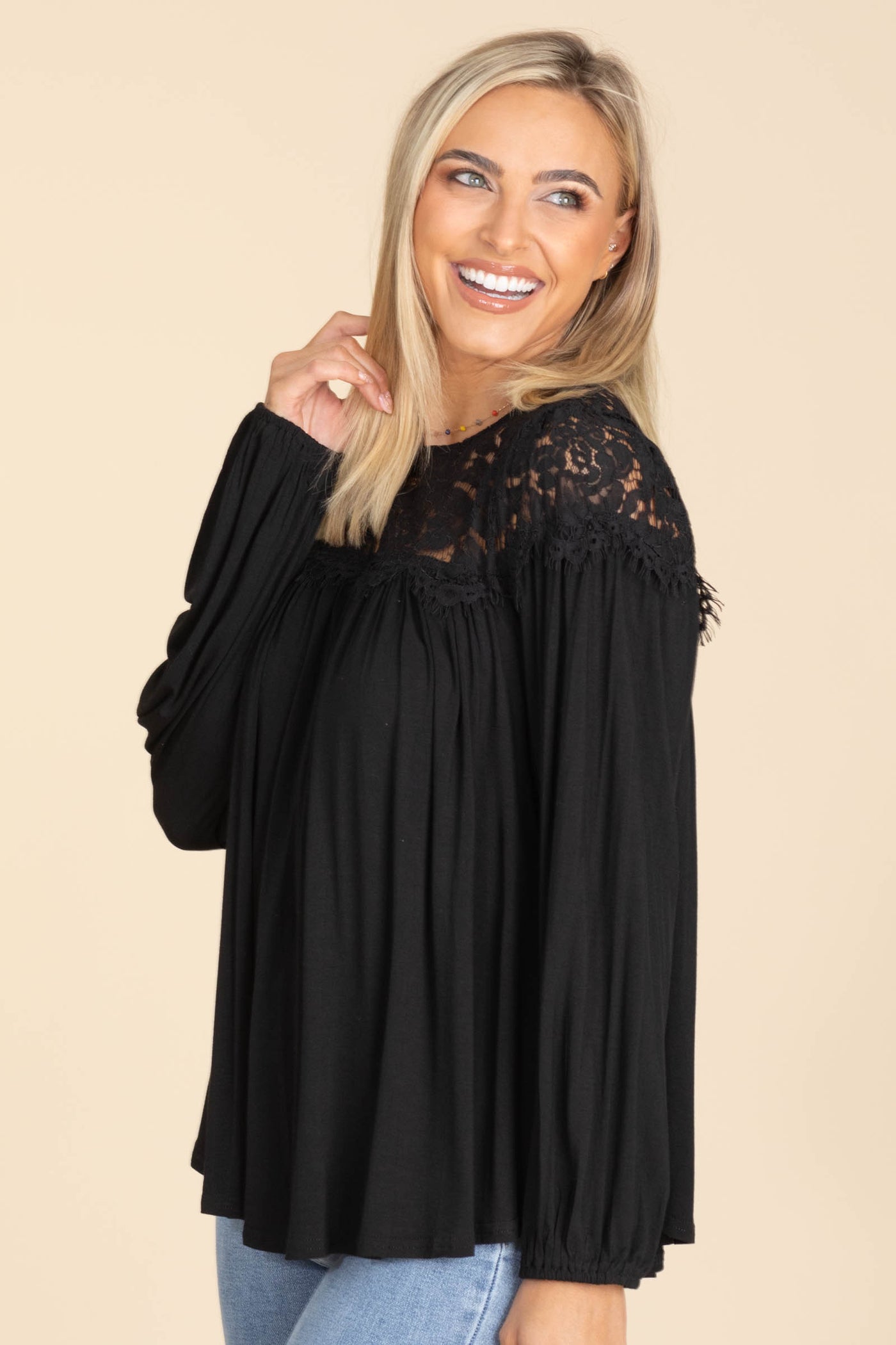 Black Long Sleeve Knit Top With Lace Neckline