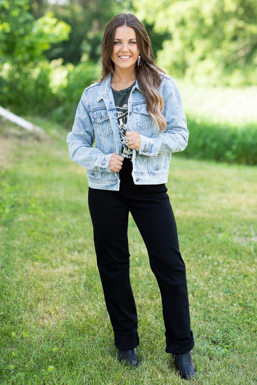 Veveret Multi Color Stripe Rhinestone Raw Hem Denim Jacket