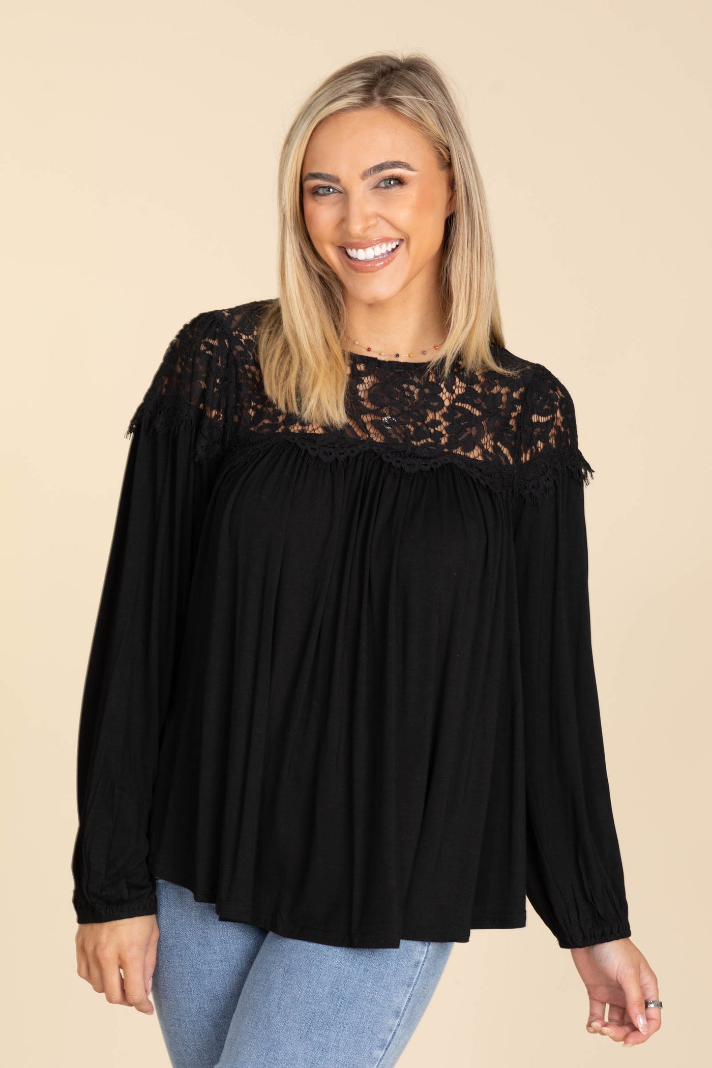Black Long Sleeve Knit Top With Lace Neckline