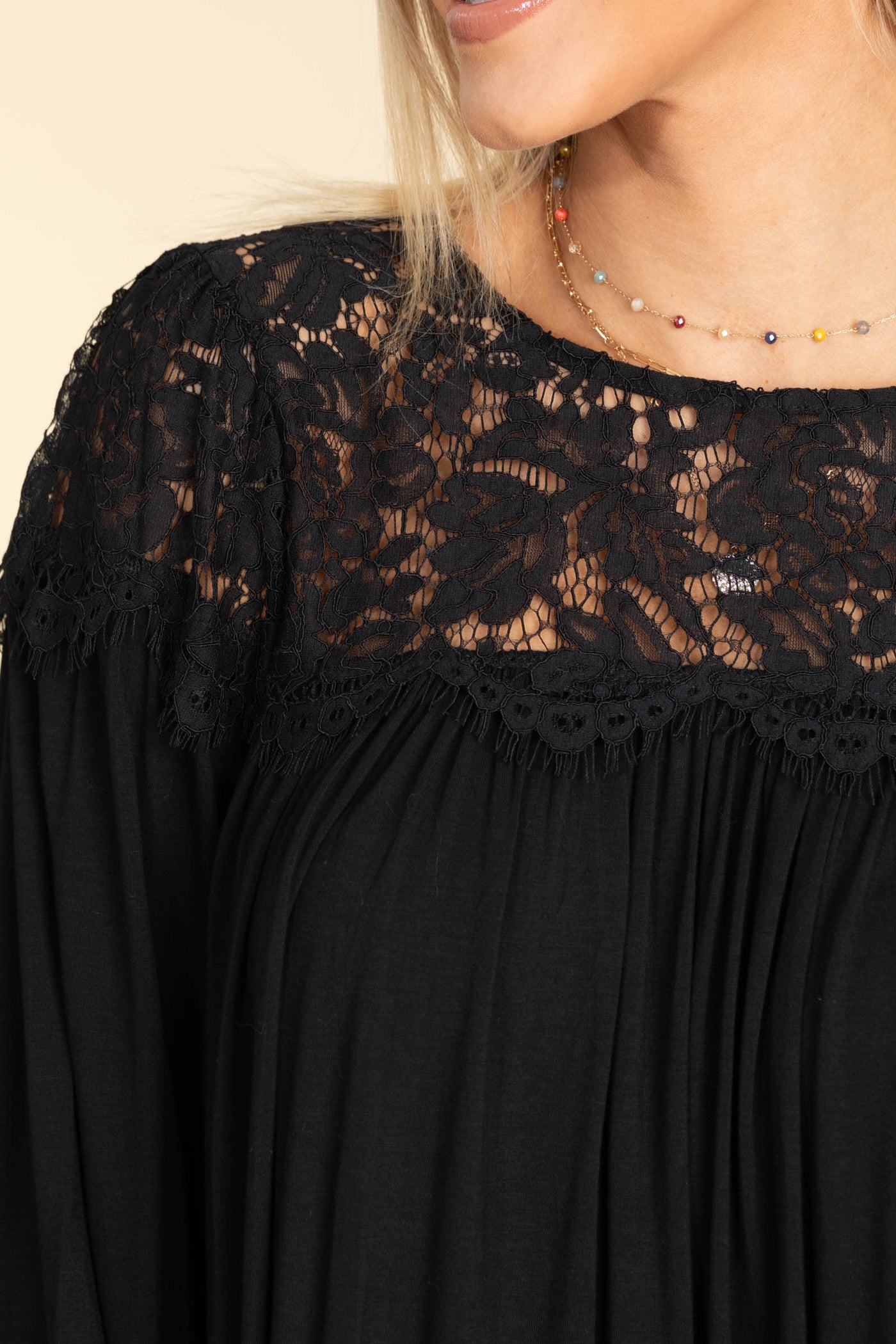 Black Long Sleeve Knit Top With Lace Neckline