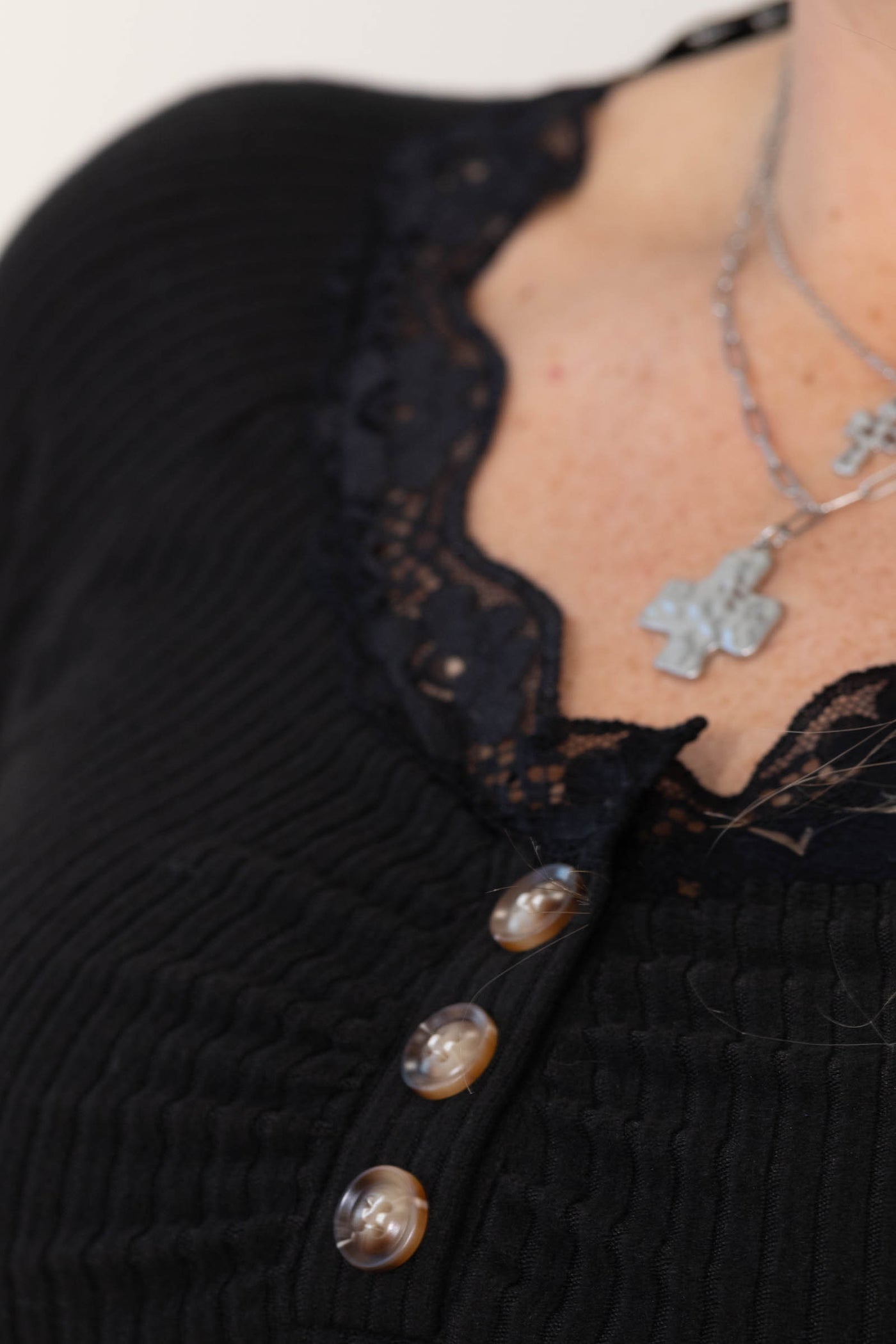 Lace Neckline With Lettuce Edge Ribbed Knit Top