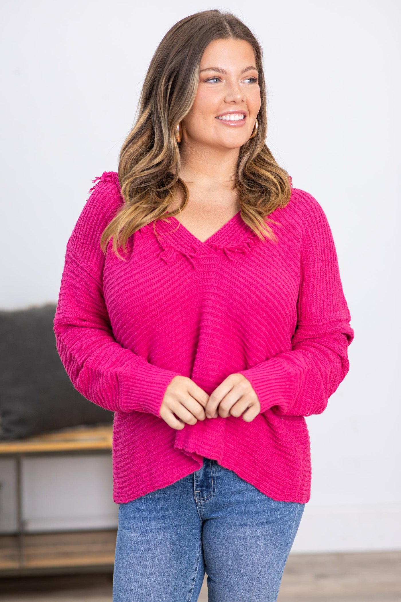 Hot Pink Hooded Sweater With Fringe - Filly Flair