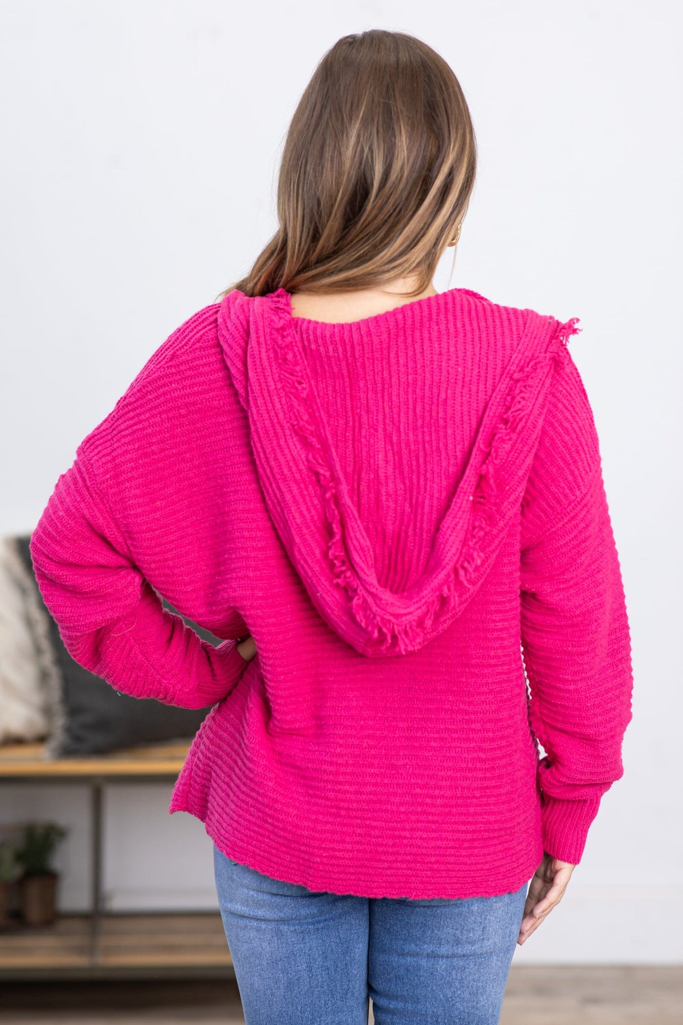 Hot Pink Hooded Sweater With Fringe - Filly Flair