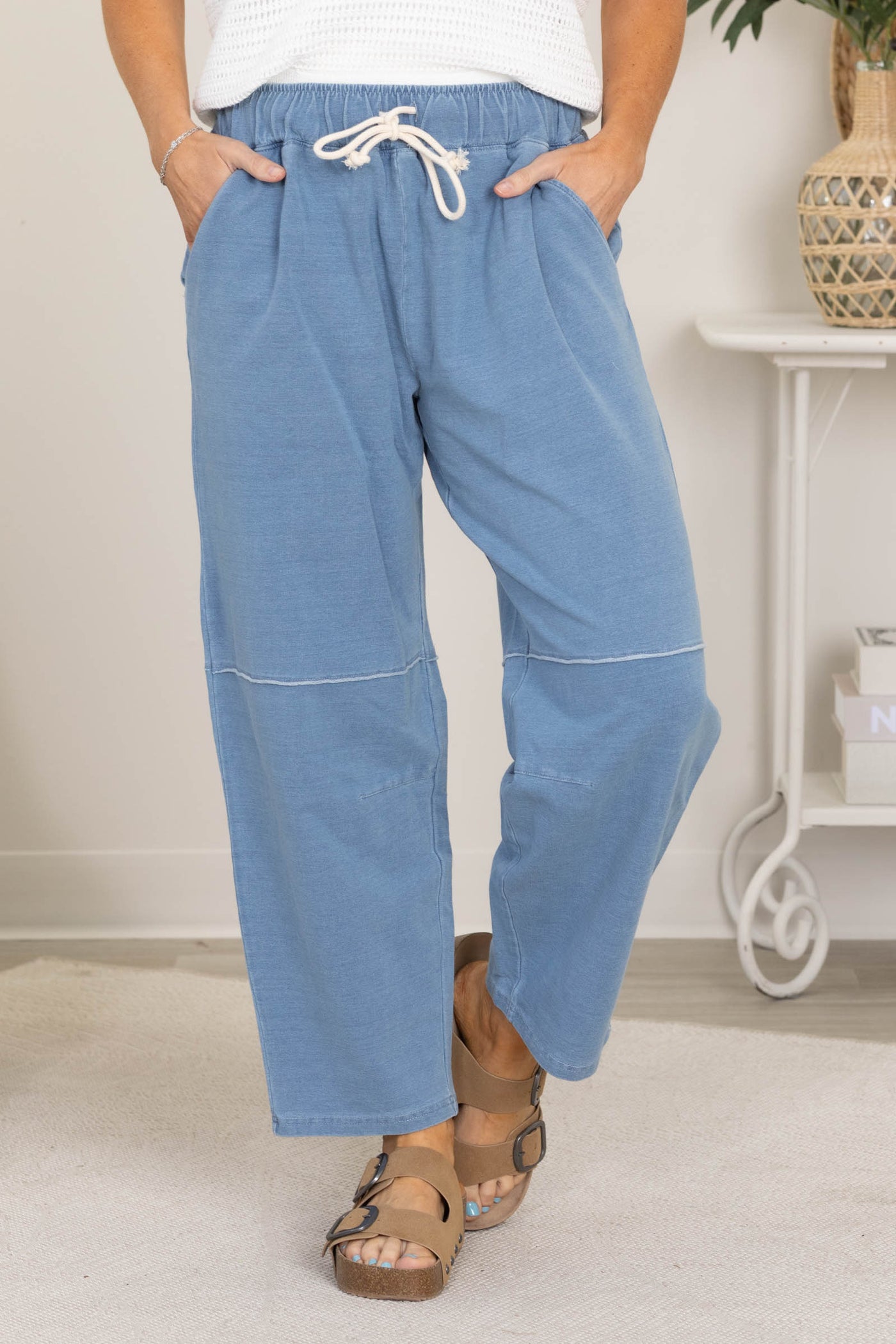 Light Denim Cotton Blend Straight Leg Pants