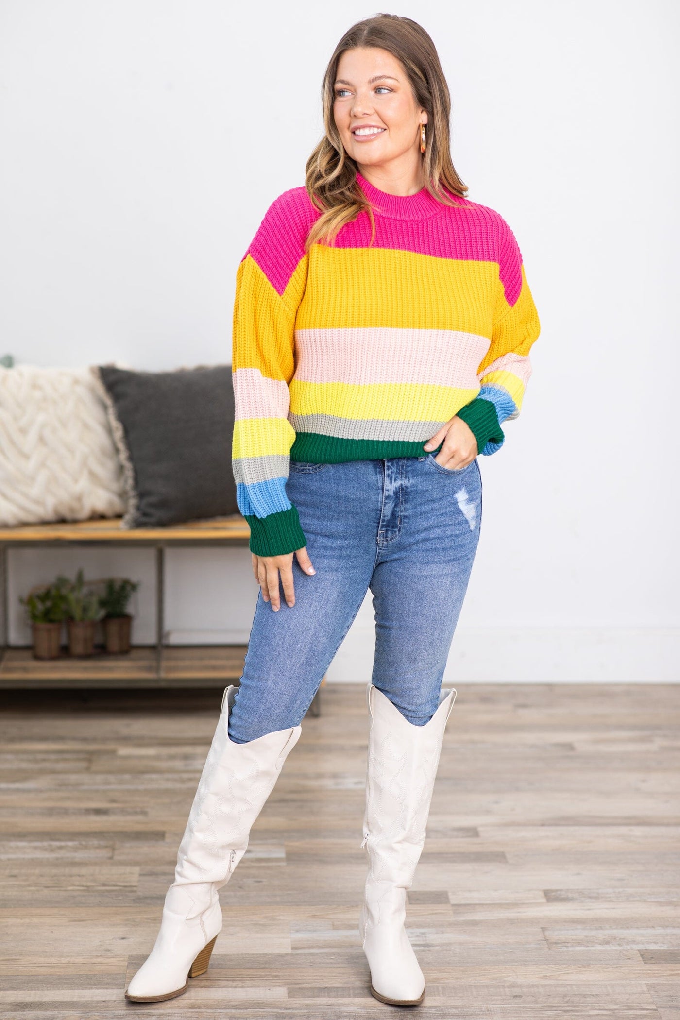 Hot Pink and Yellow Multicolor Stripe Sweater - Filly Flair