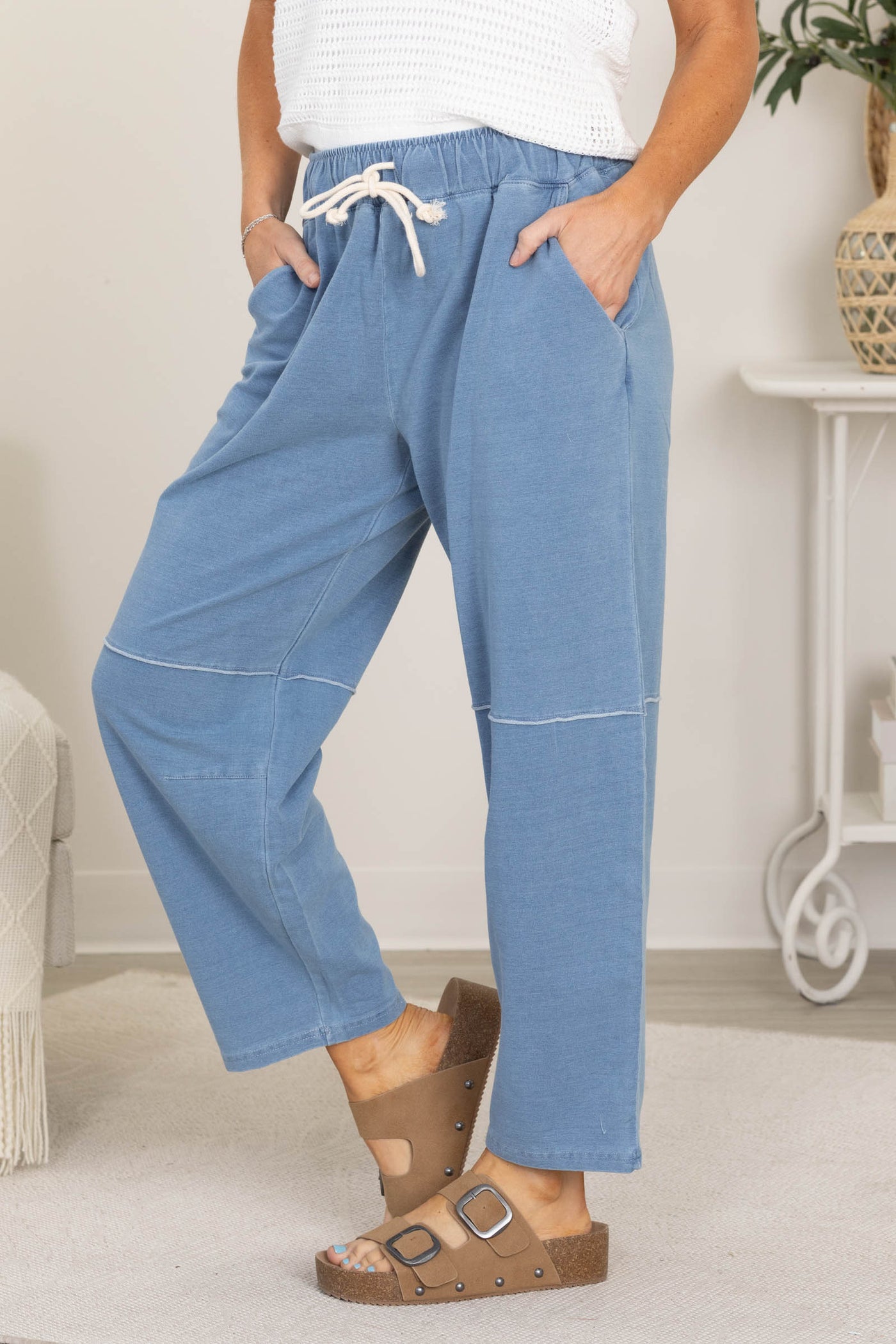 Light Denim Cotton Blend Straight Leg Pants