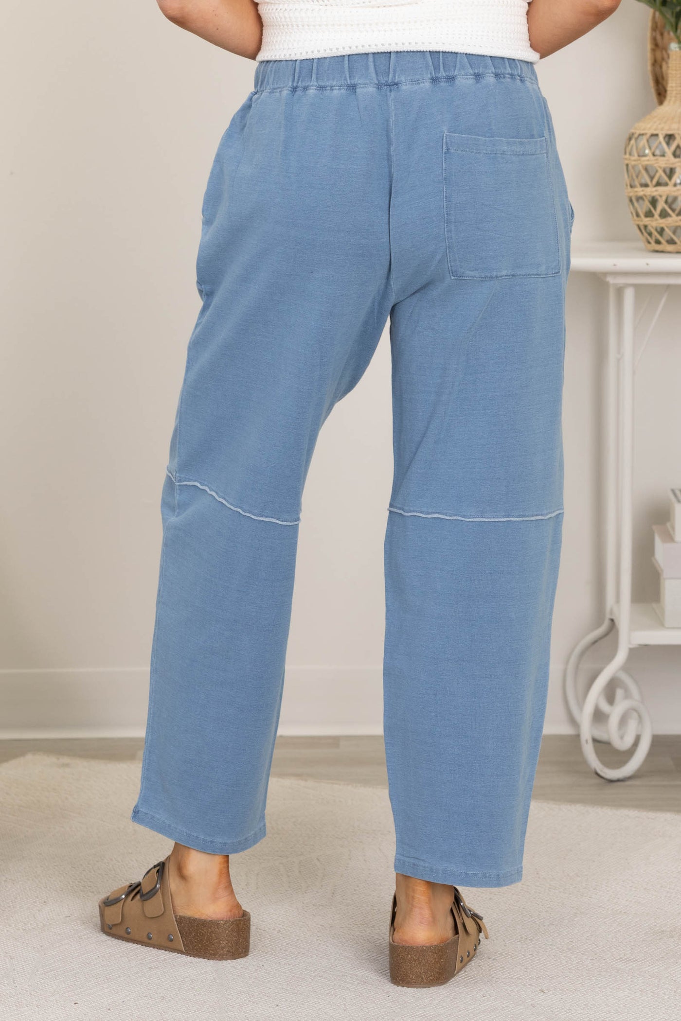 Light Denim Cotton Blend Straight Leg Pants