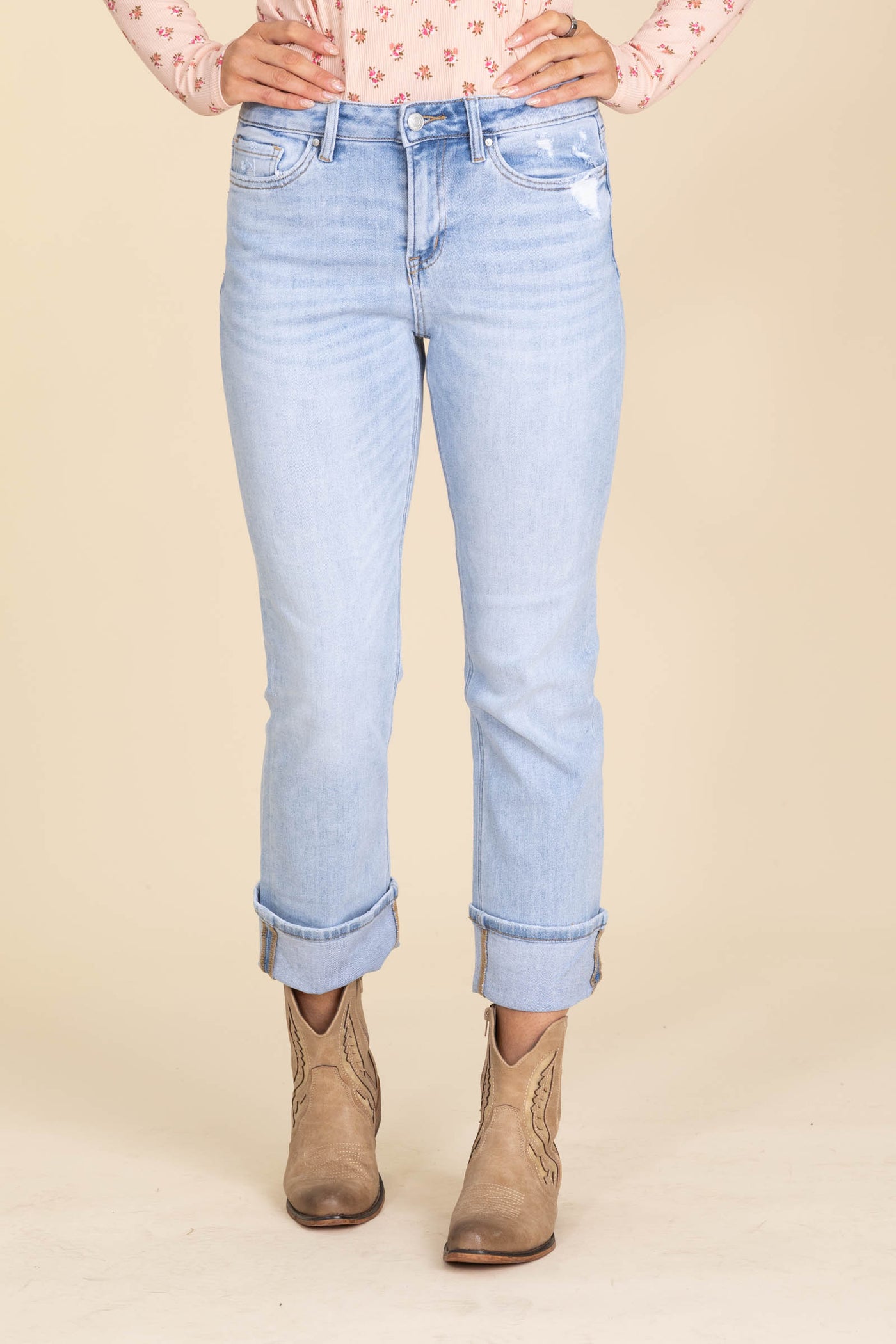 Mica Denim Light Wash Mid Rise Cuffed Jean