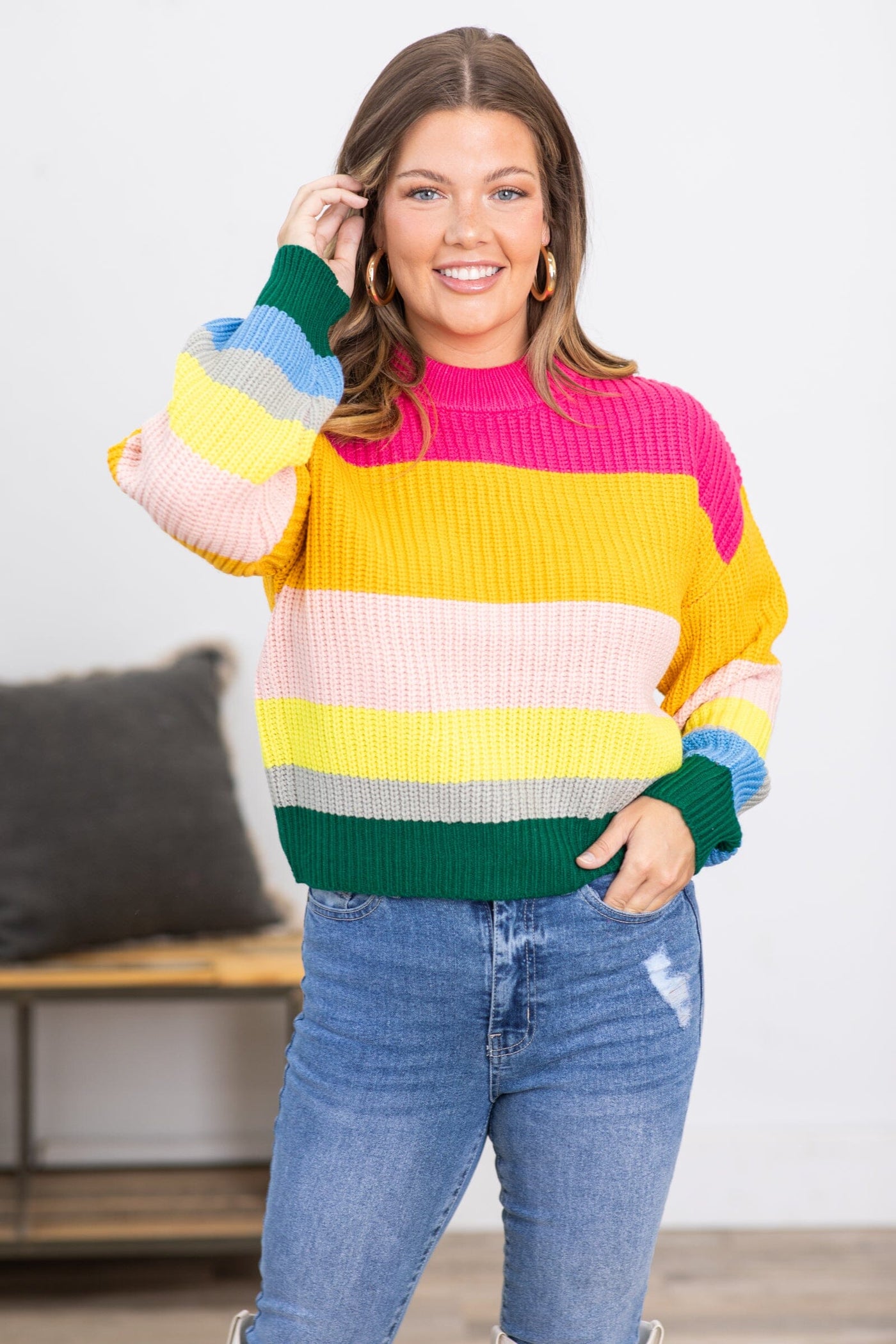 Hot Pink and Yellow Multicolor Stripe Sweater - Filly Flair