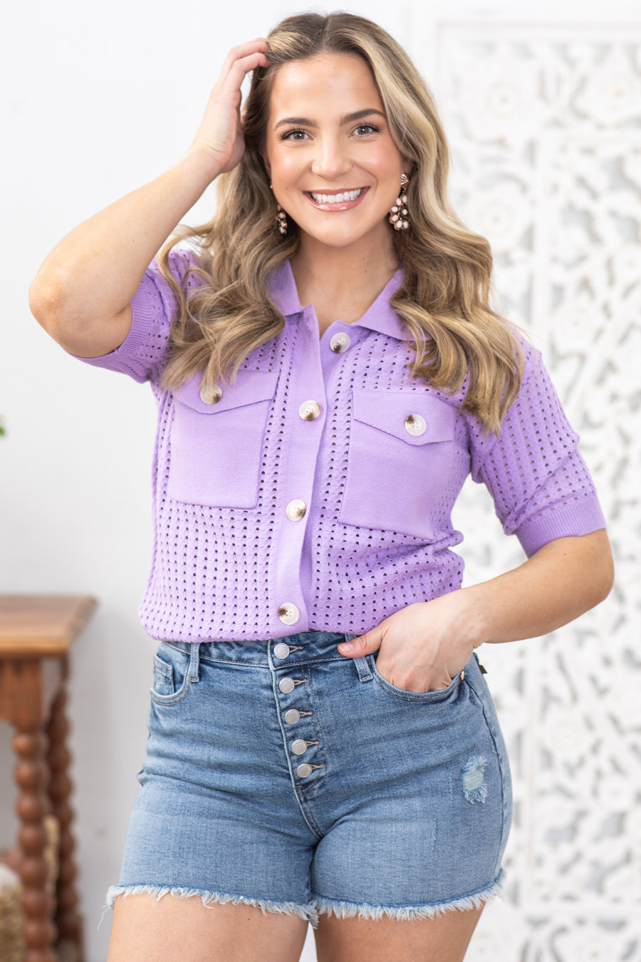 Lavender Pointelle Button Up Collared Knit Top