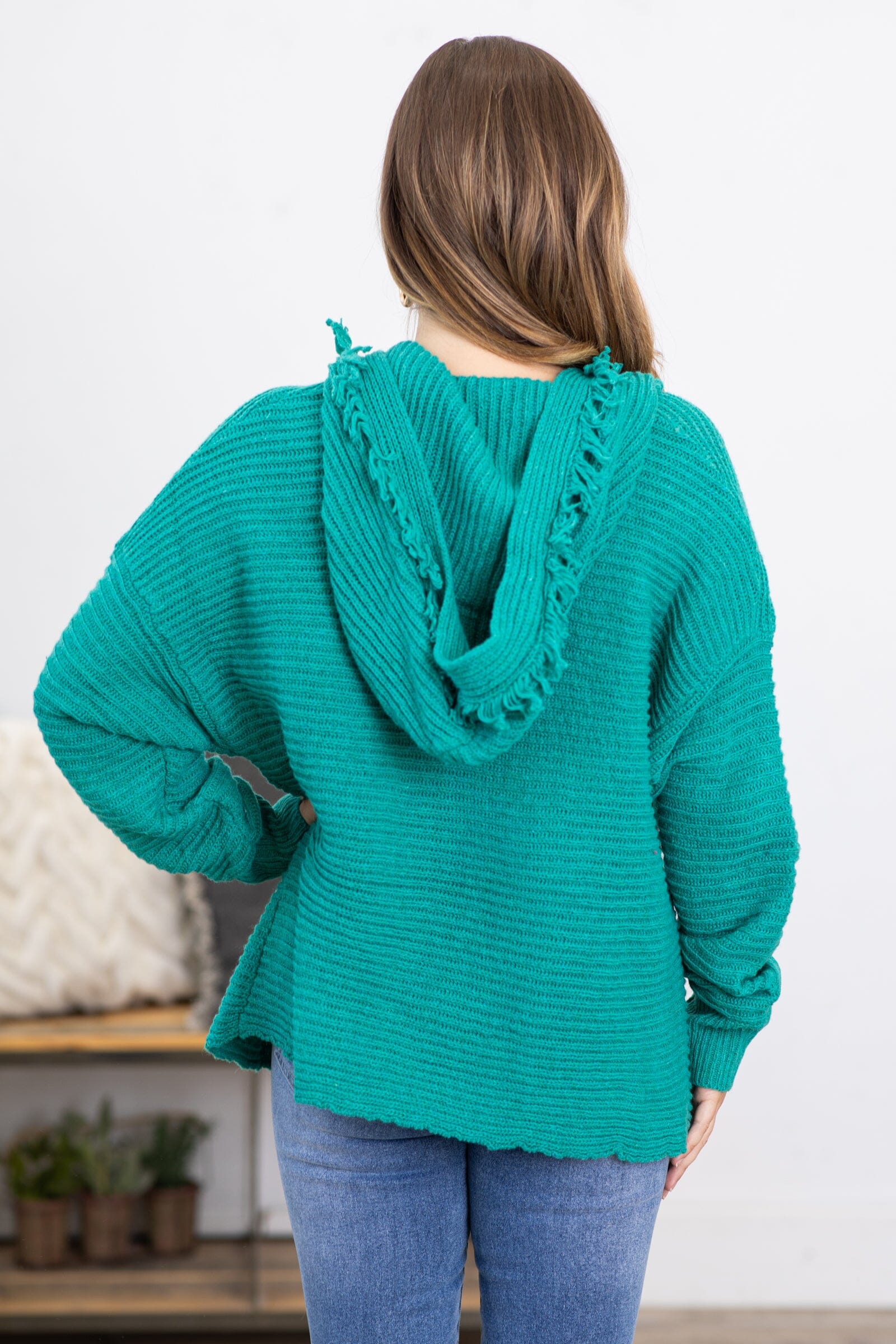Dark Mint Hooded Sweater With Fringe - Filly Flair