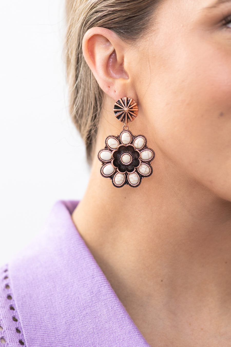 White and Copper Western Floral Earrings
