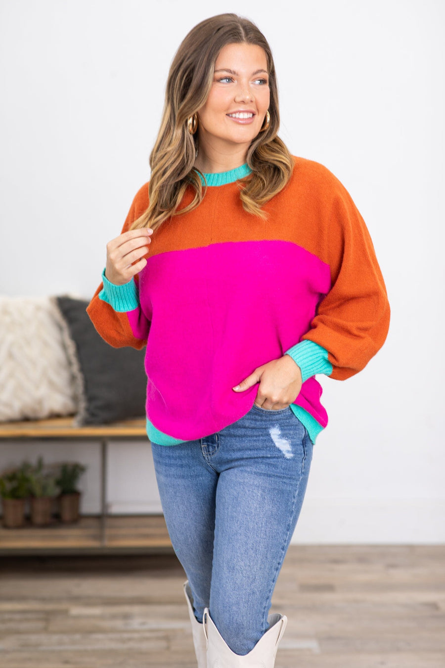 Hot Pink and Orange Colorblock Sweater - Filly Flair