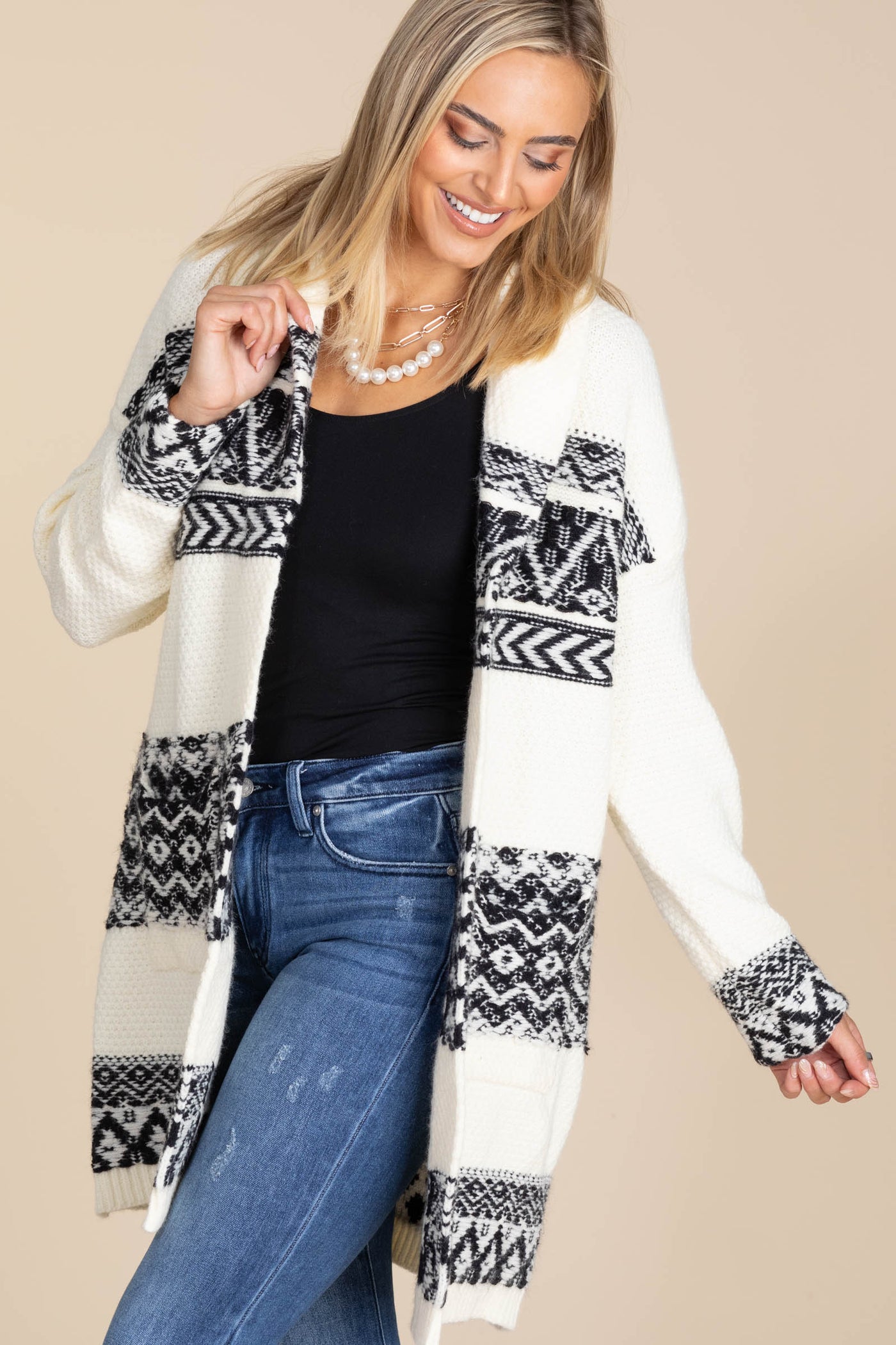 Ivory And Black Print Shawl Collar Cardigan