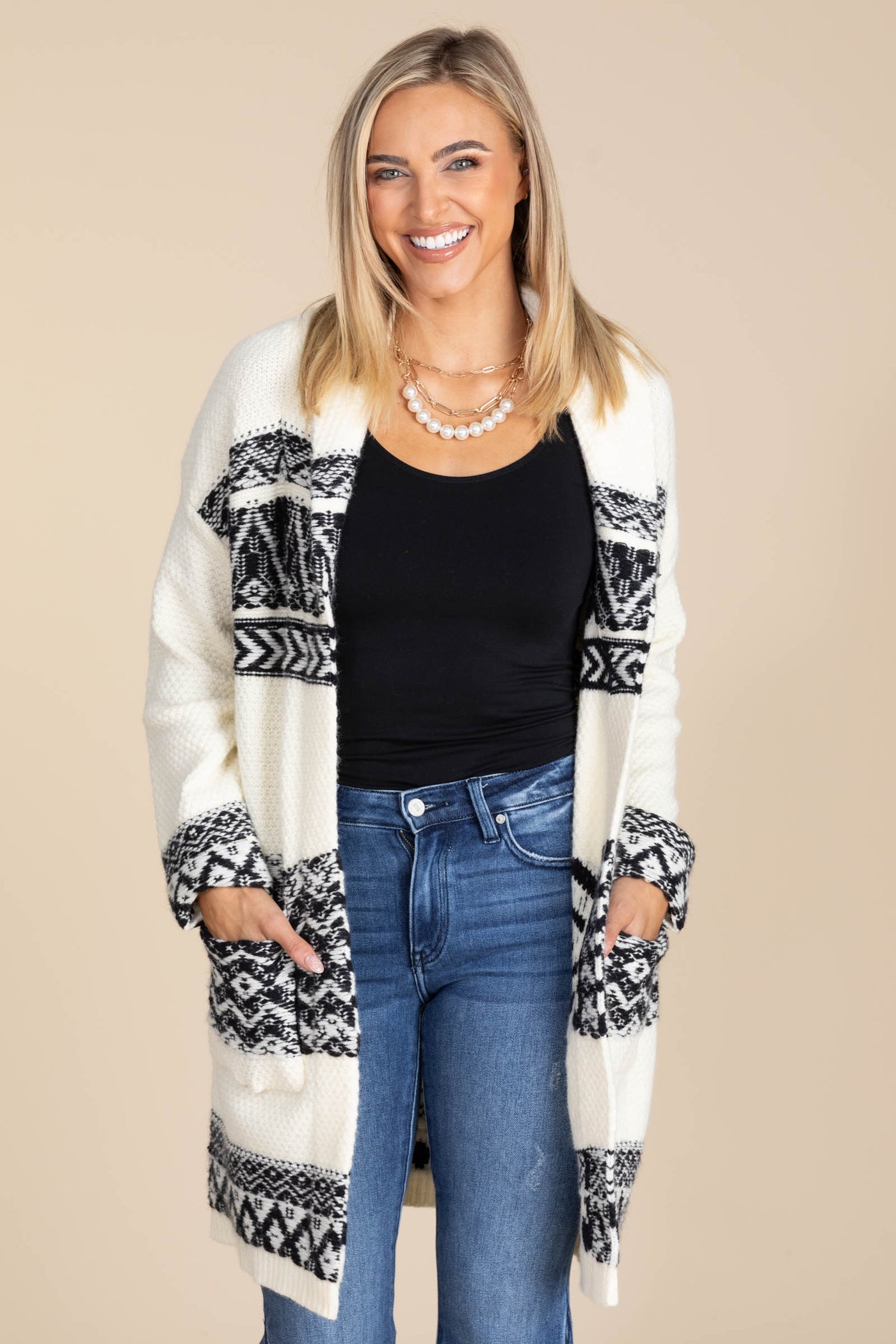 Ivory And Black Print Shawl Collar Cardigan