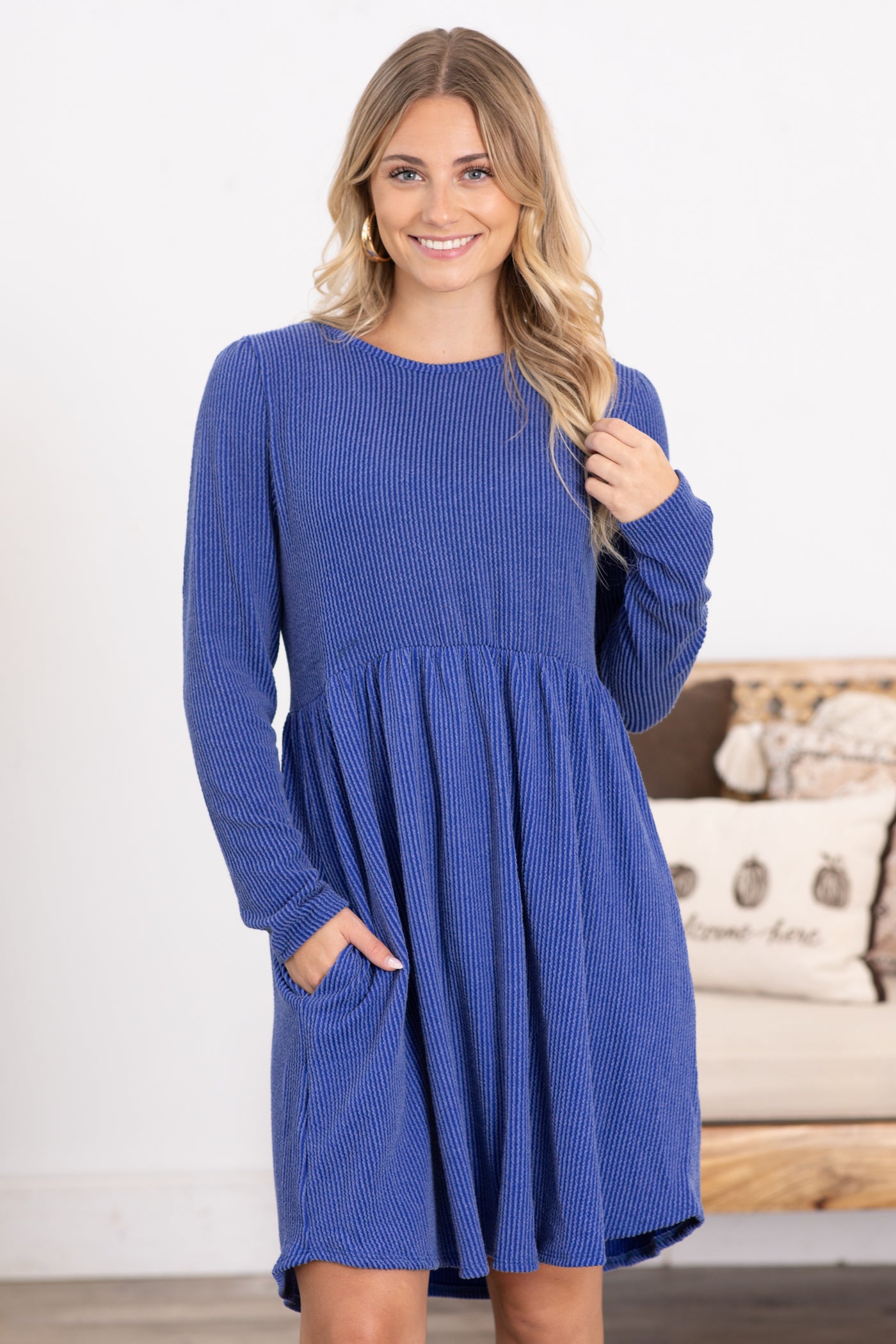 Solid Ribbed Long Sleeve Dress With Pockets Filly Flair Solid Ribbed Long Sleeve Dress With Pockets Filly Flair
