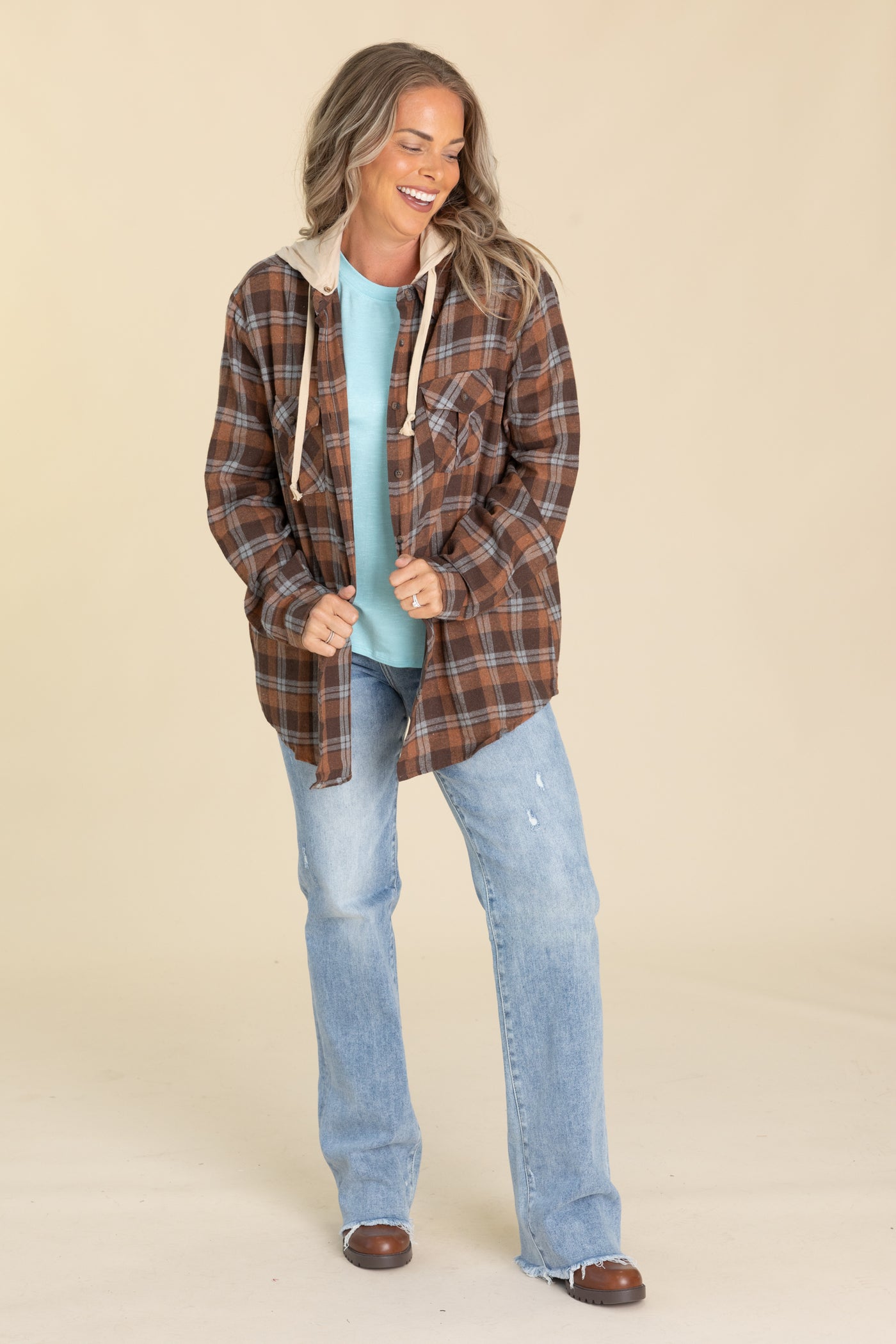 Chocolate And Camel Plaid Hoodie Top