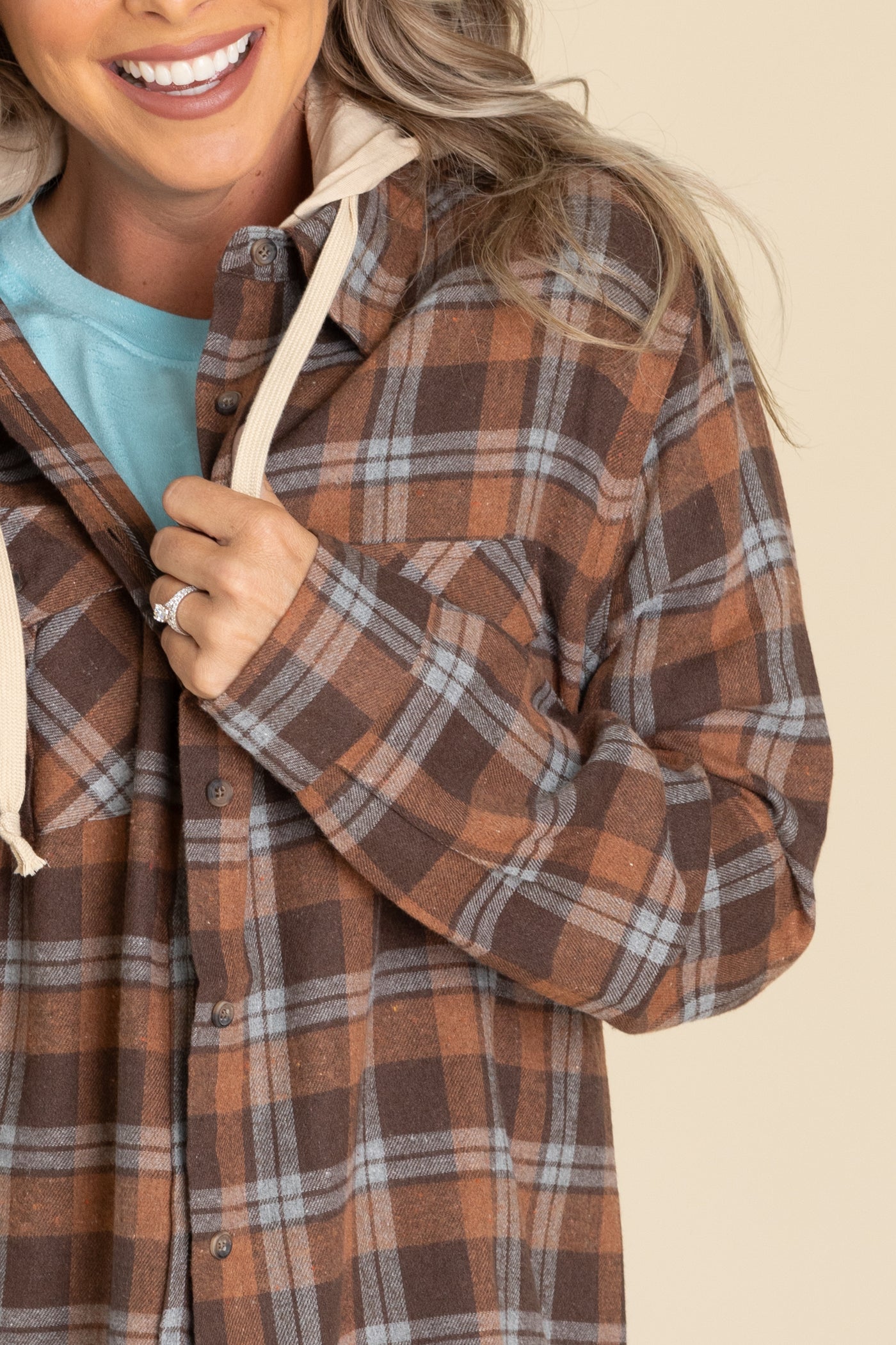 Chocolate And Camel Plaid Hoodie Top