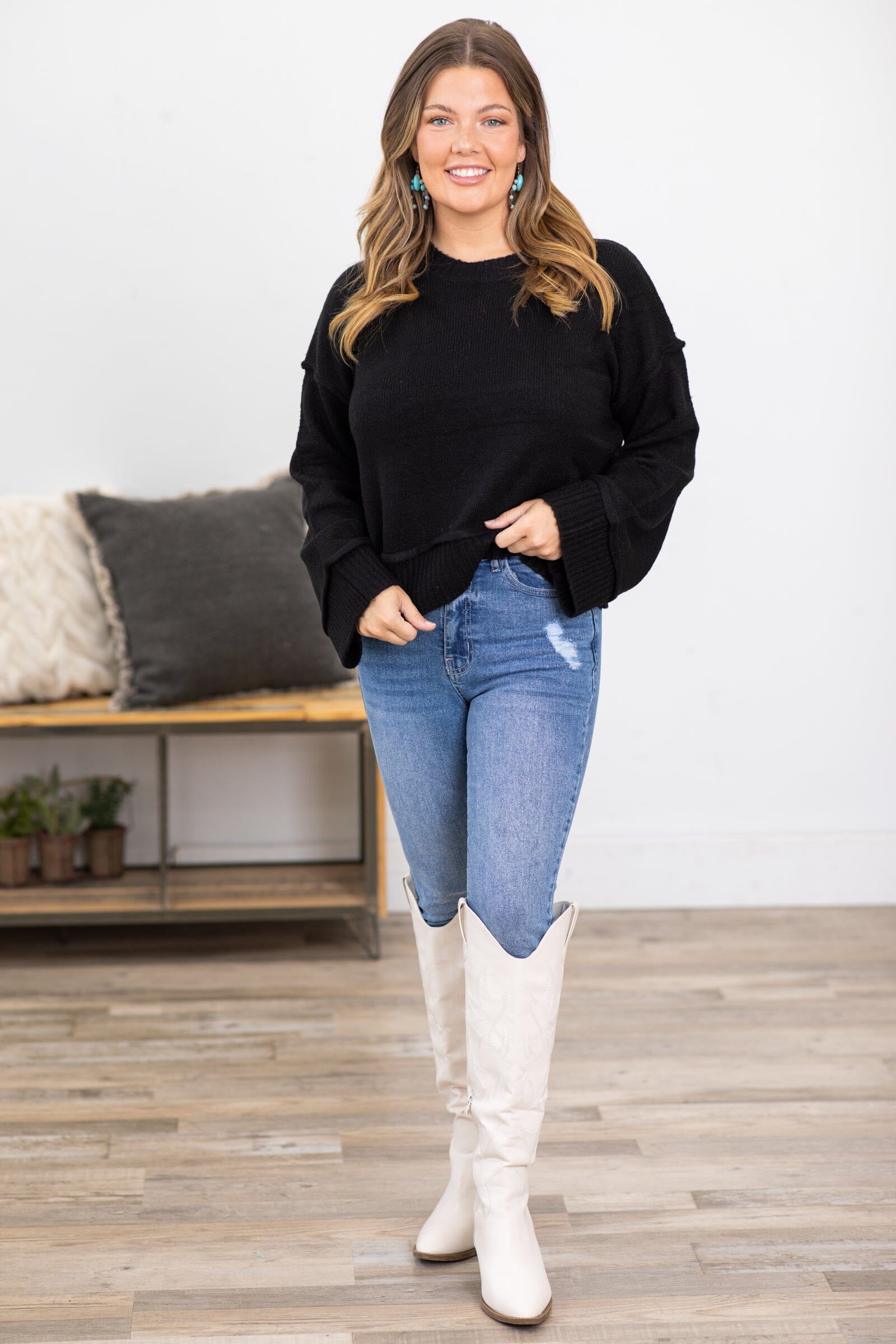 Black Ribbed Trim Crew Neck Sweater - Filly Flair