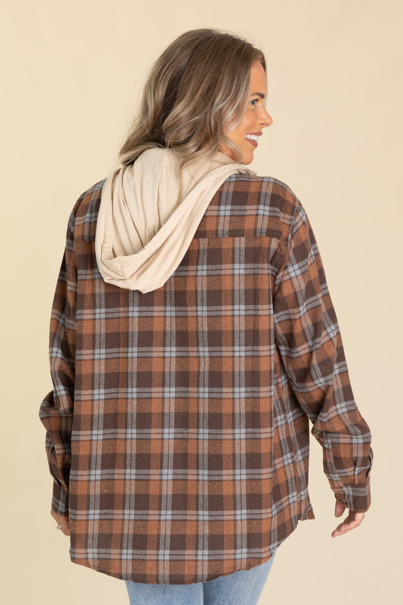 Chocolate And Camel Plaid Hoodie Top