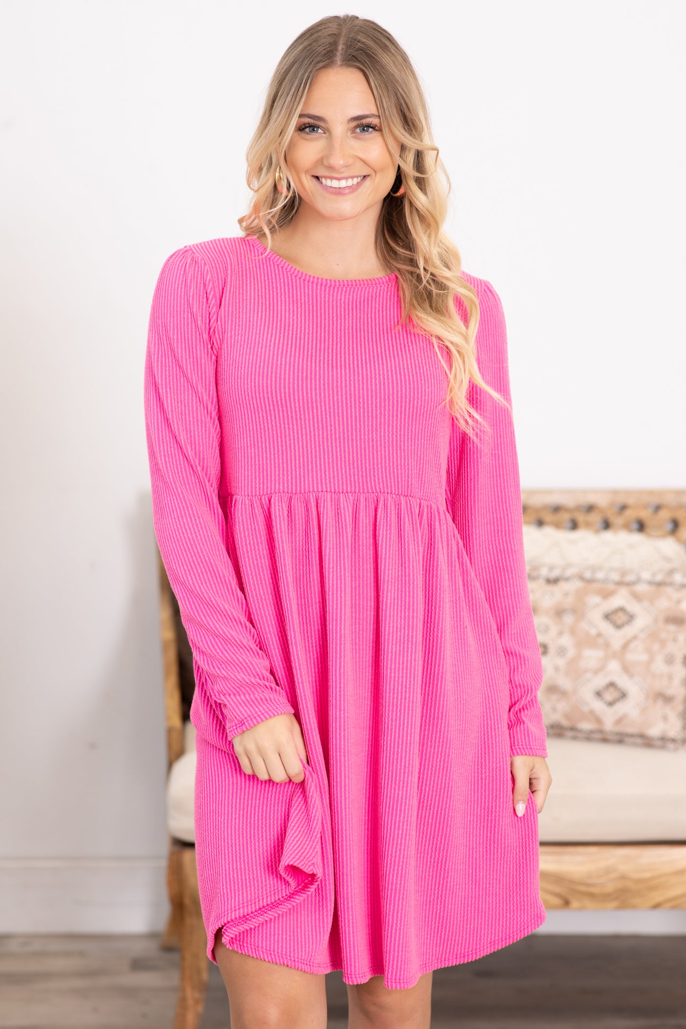 pink ribbed long sleeve dress Long-Sleeve Ribbed Sweater Midi Dress