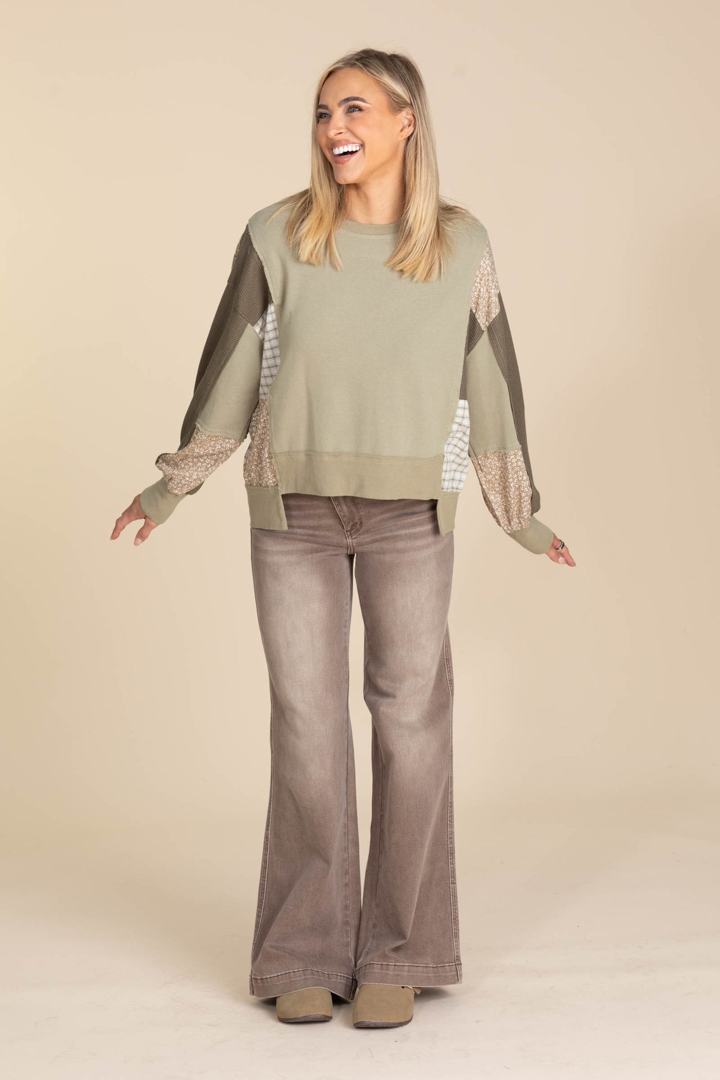 Olive Spliced Mixed Media French Terry Knit Top