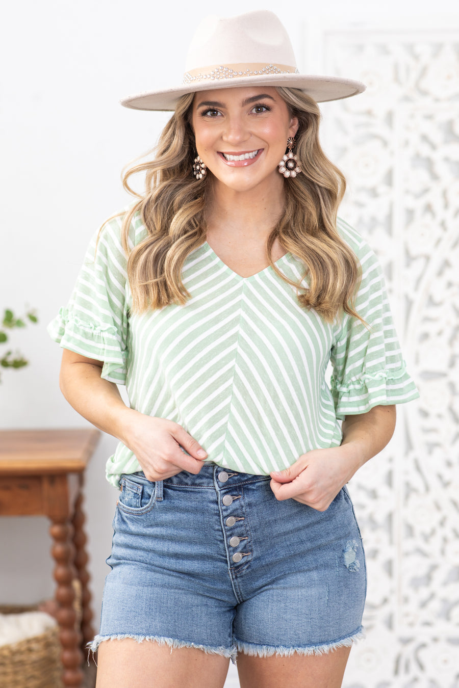 Sage Stripe Knit Top With Ruffle Sleeves