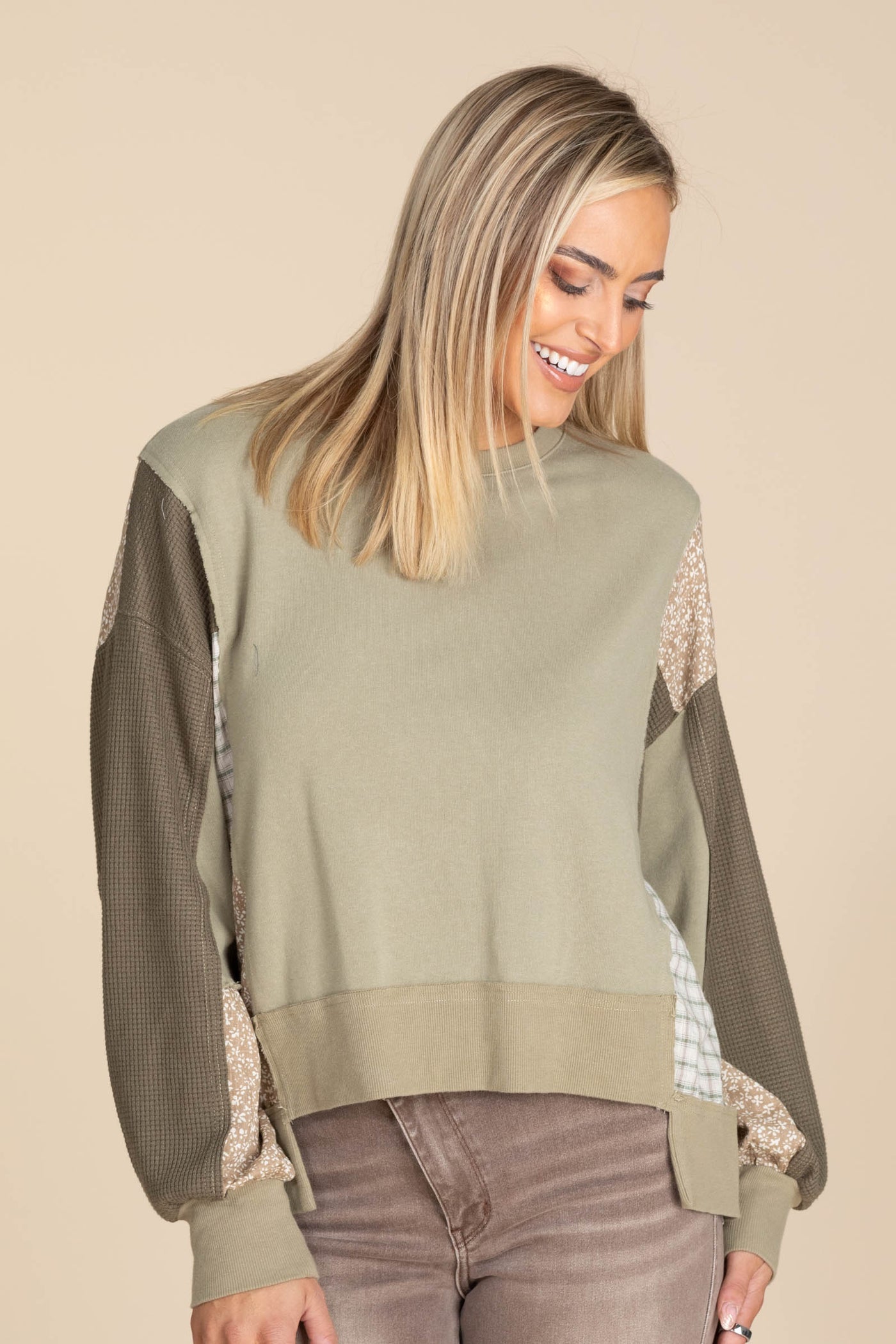 Olive Spliced Mixed Media French Terry Knit Top