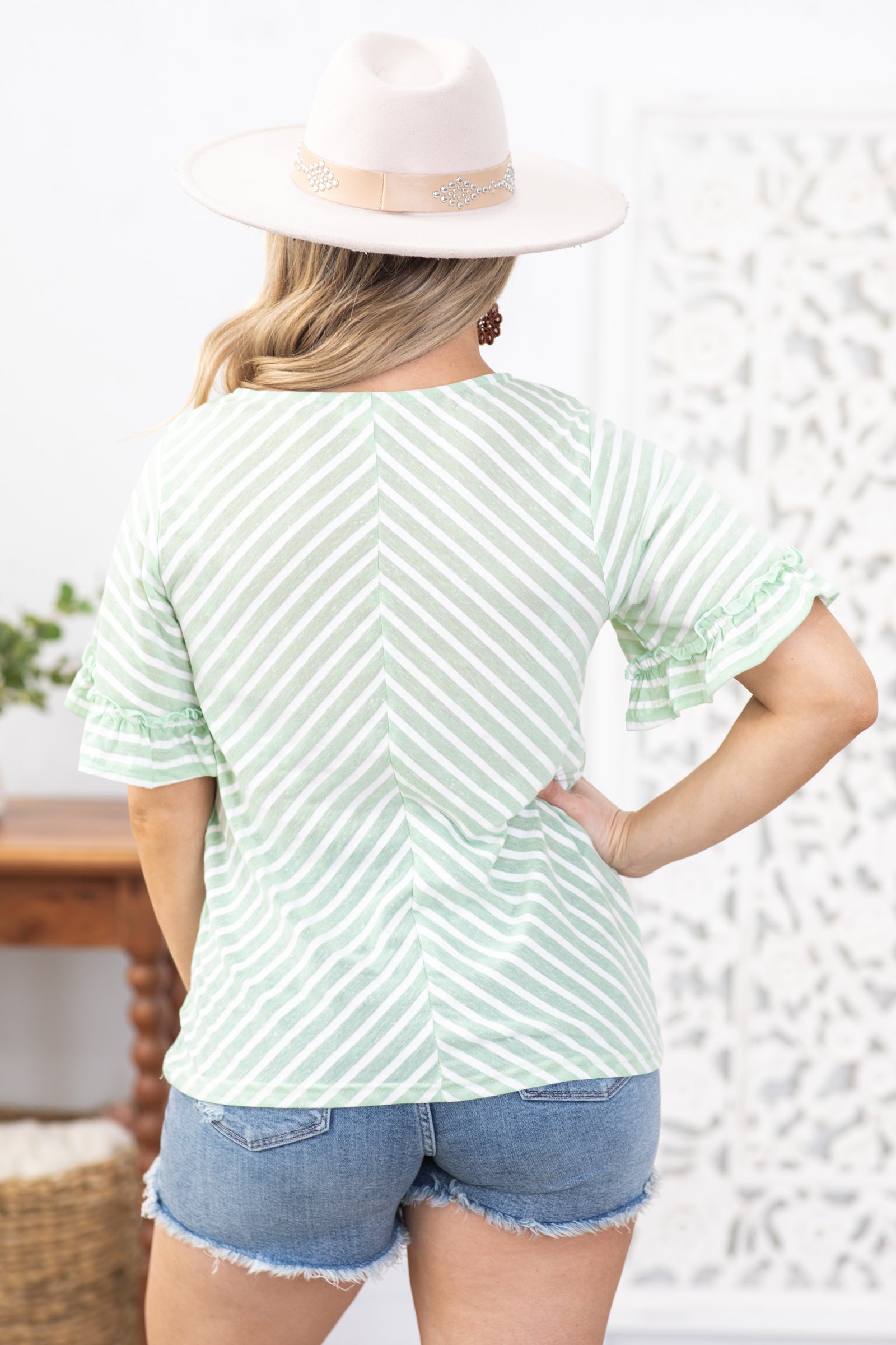 Sage Stripe Knit Top With Ruffle Sleeves