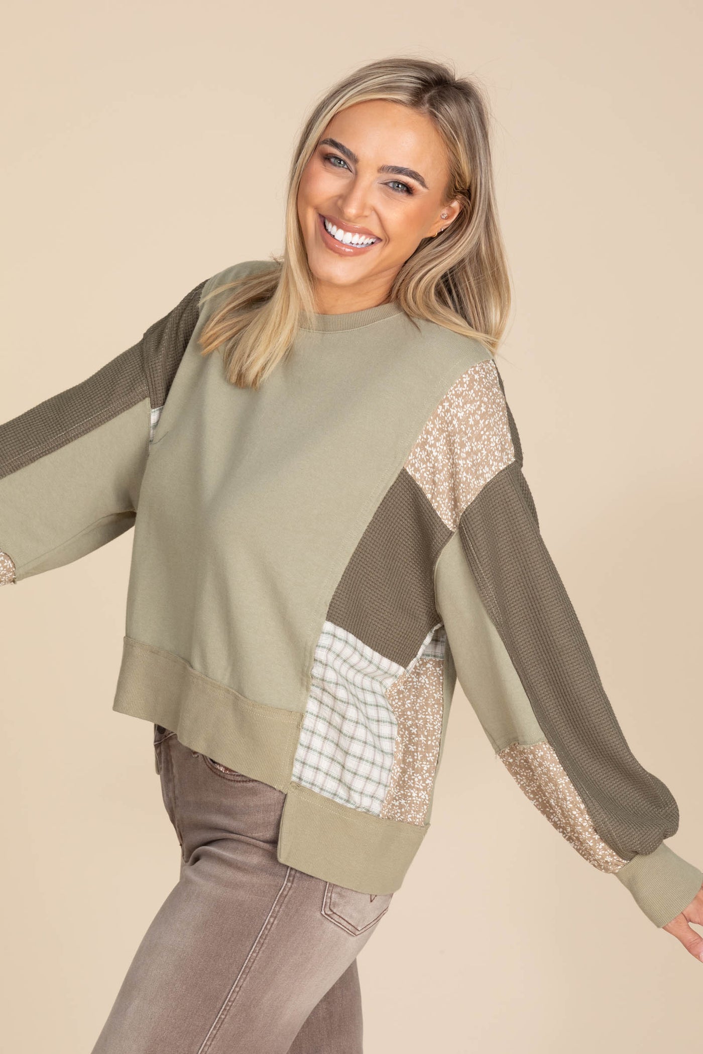Olive Spliced Mixed Media French Terry Knit Top