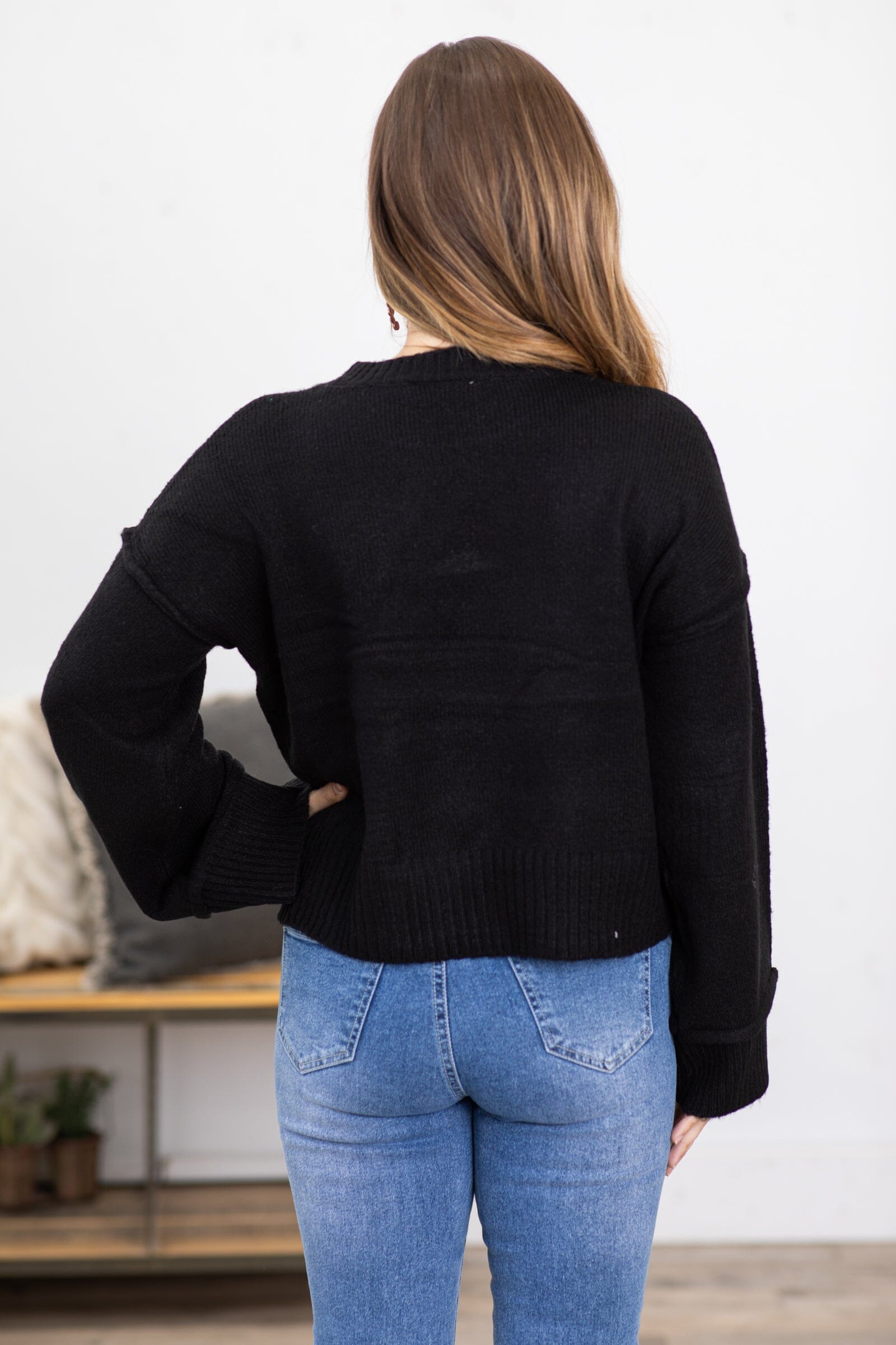 Black Ribbed Trim Crew Neck Sweater - Filly Flair