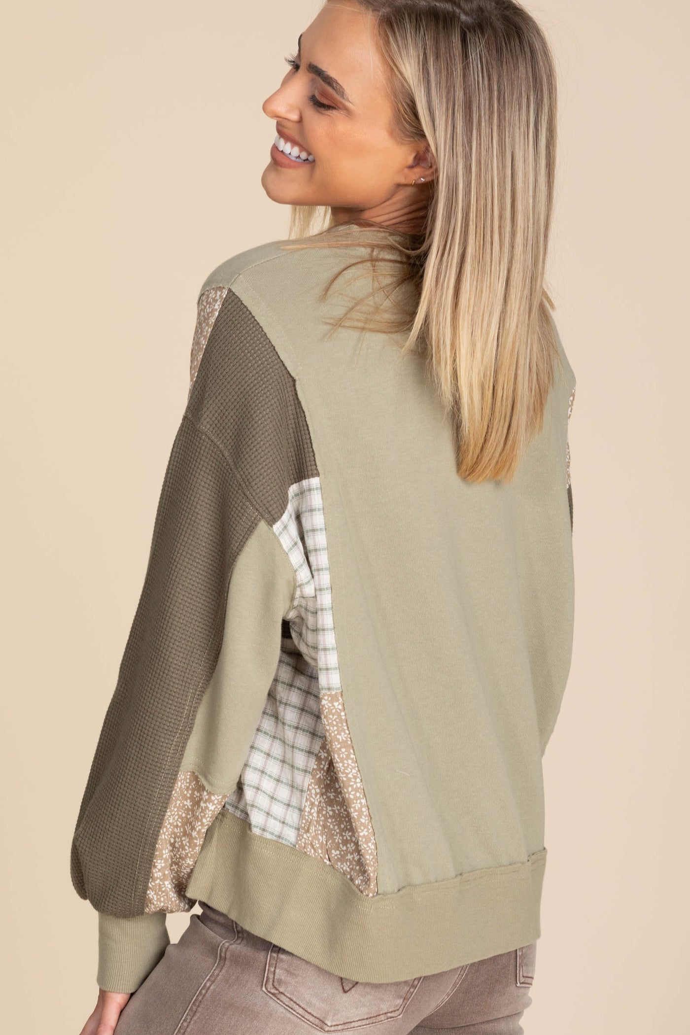 Olive Spliced Mixed Media French Terry Knit Top