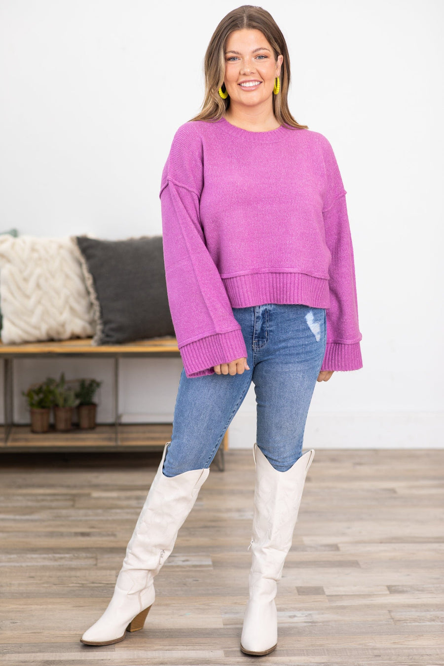 Orchid Ribbed Trim Crew Neck Sweater - Filly Flair