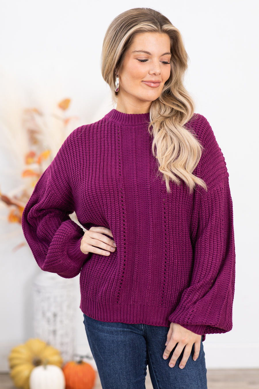 Purple Ribbed Sweater With Fishnet Detail