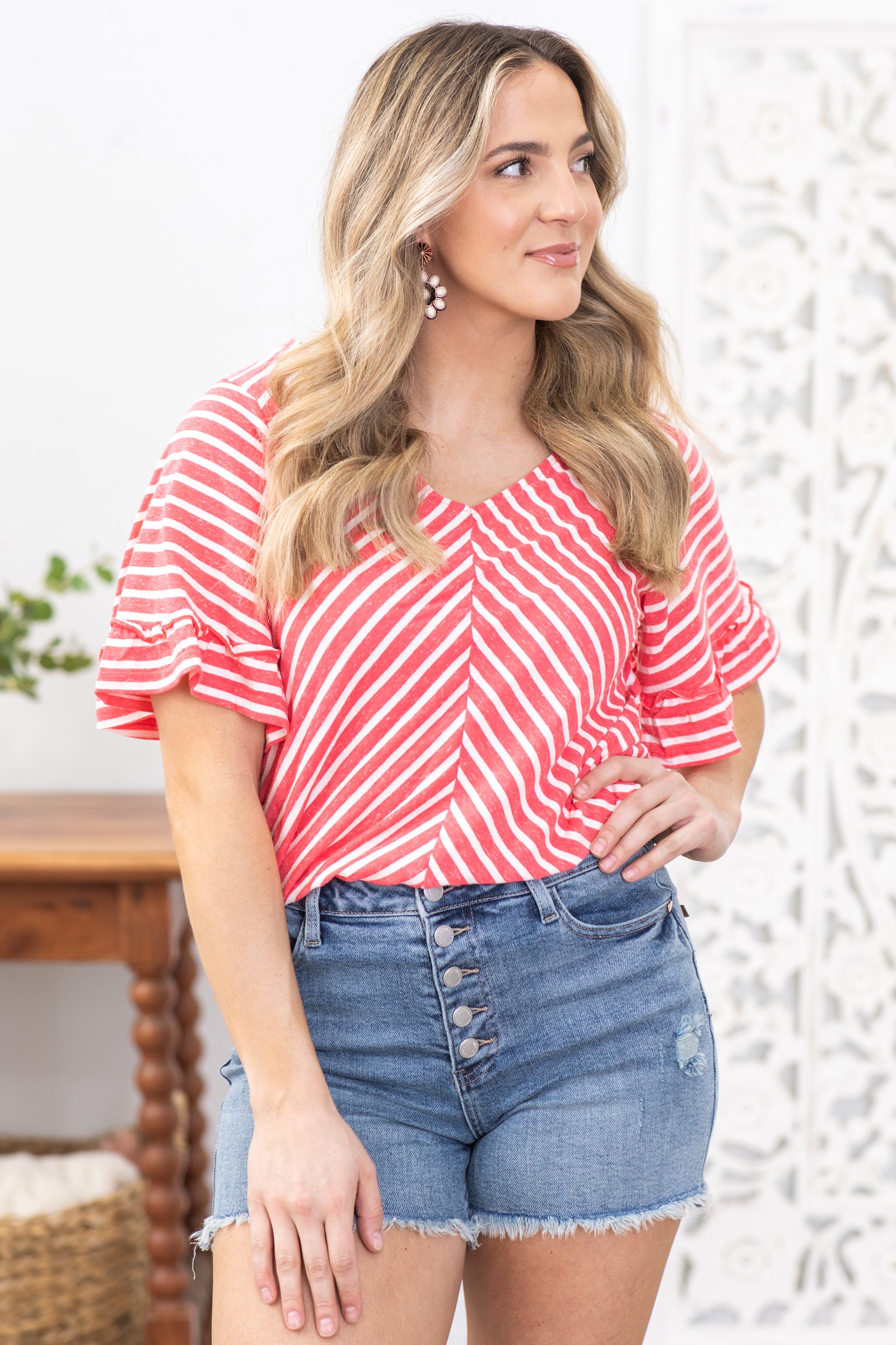 Dark Coral Stripe Knit Top With Ruffle Sleeves