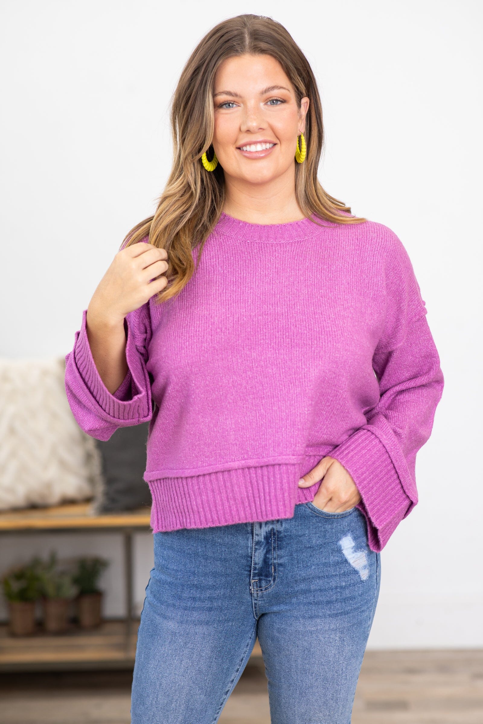 Orchid Ribbed Trim Crew Neck Sweater - Filly Flair