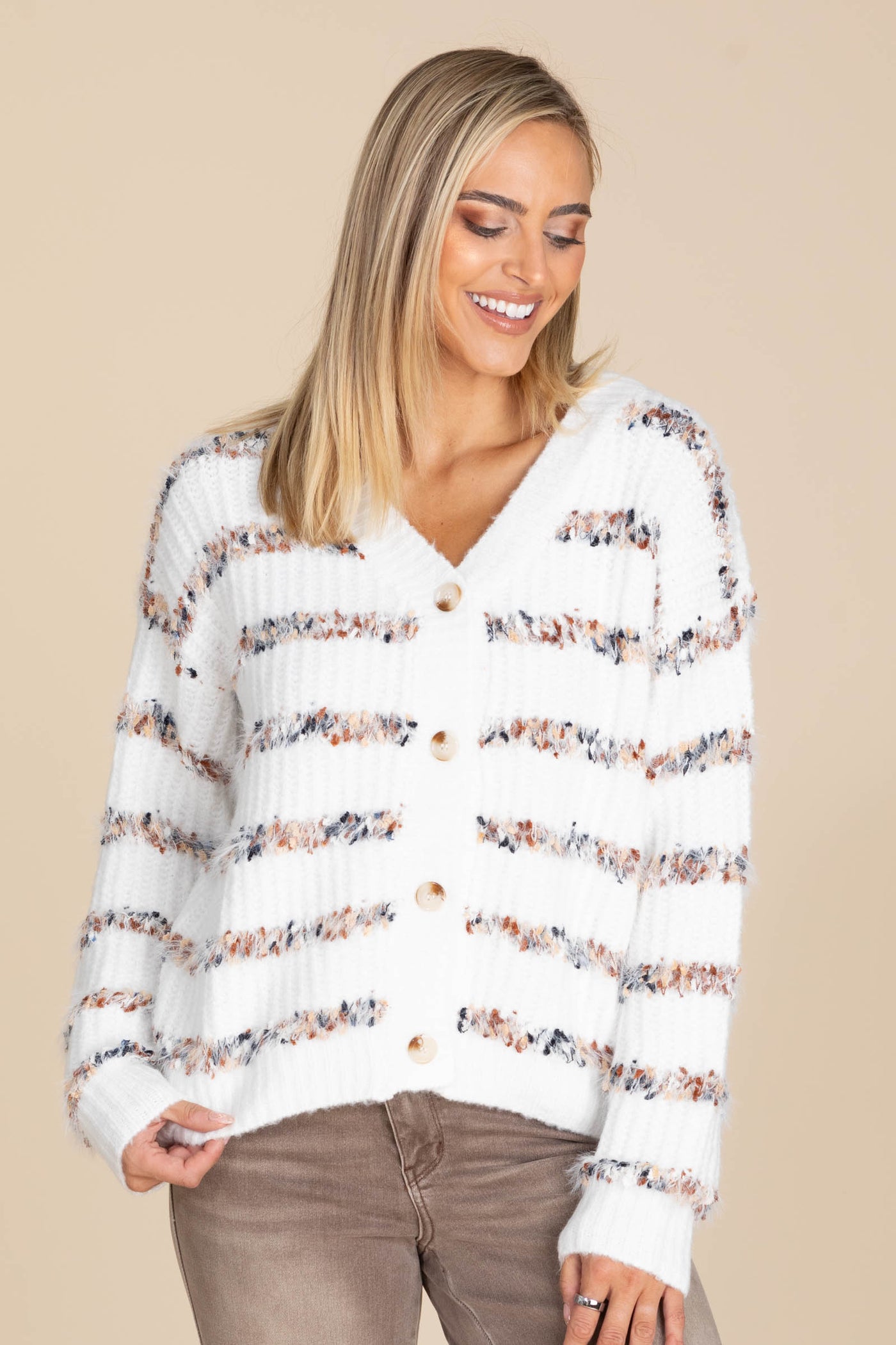 Off White  Eyelash Texture Stripe Cardigan