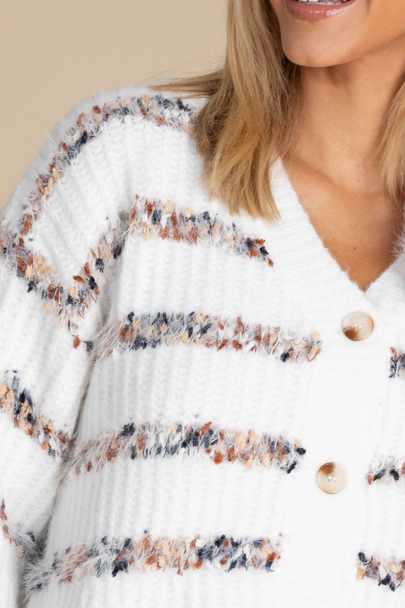 Off White  Eyelash Texture Stripe Cardigan