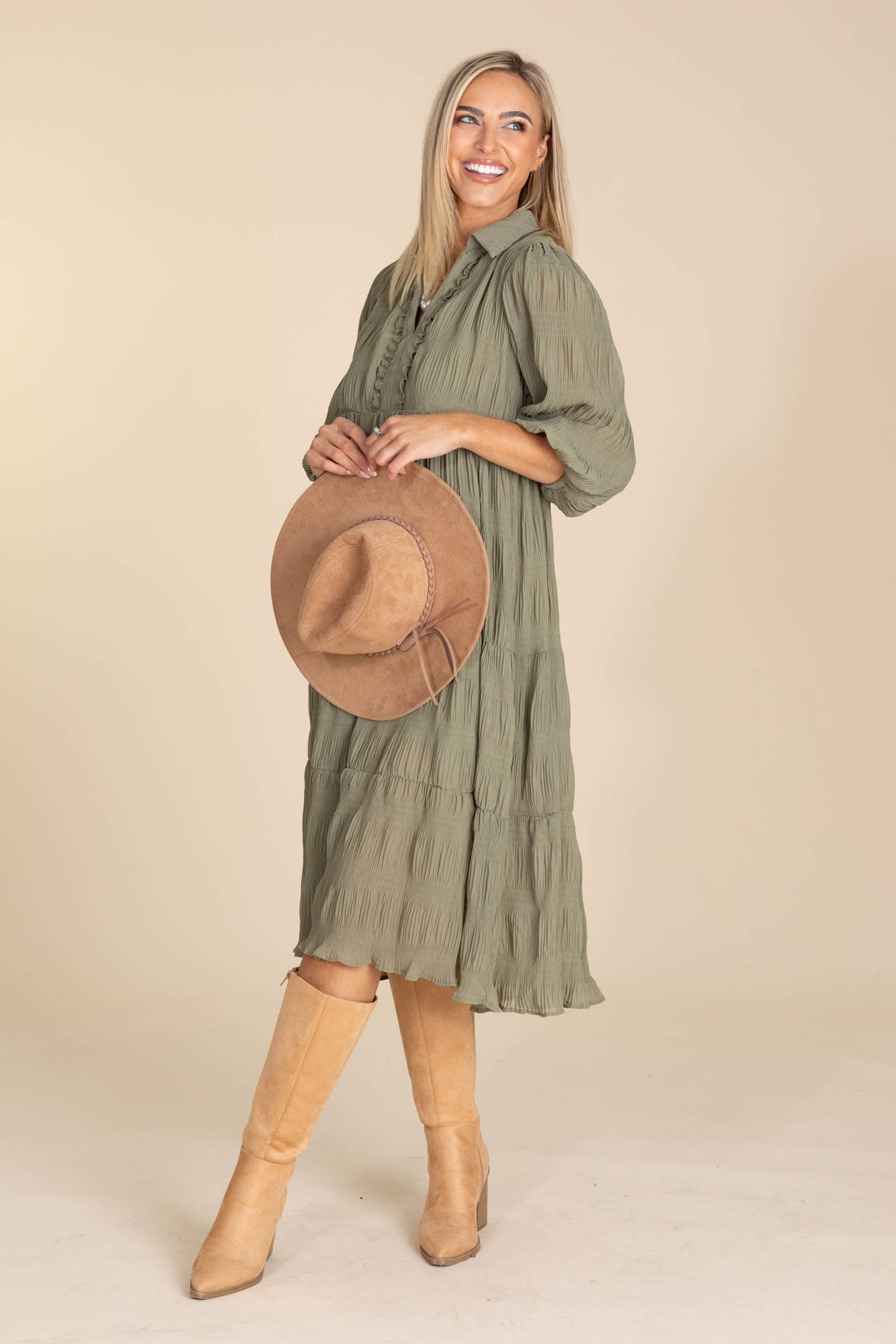 Olive Tiered Midi Dress With Balloon Sleeves