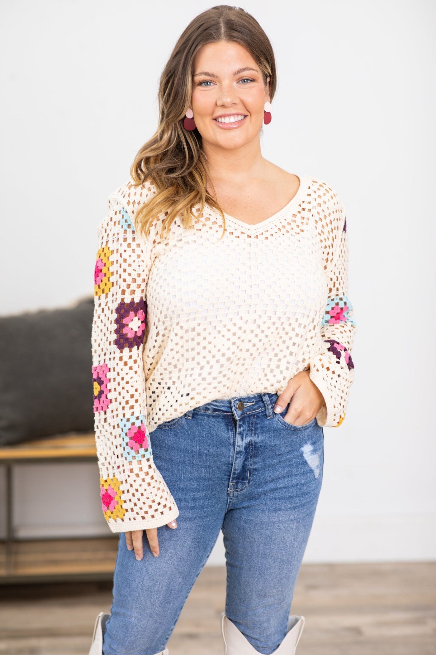 Ivory Multicolor Crochet Lightweight Sweater - Filly Flair