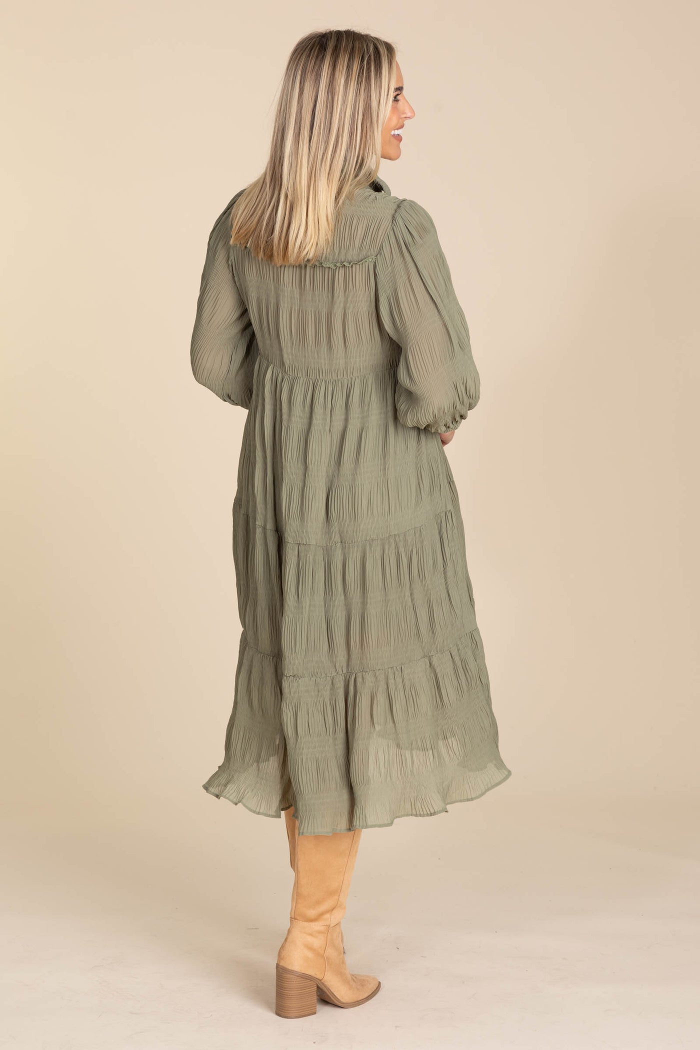 Olive Tiered Midi Dress With Balloon Sleeves