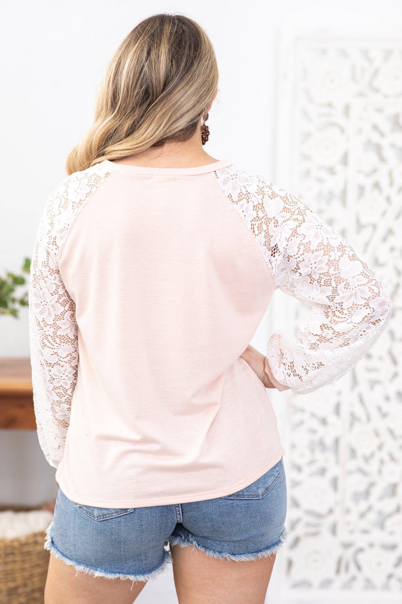 Peach Lace Puff Sleeve Pullover Top