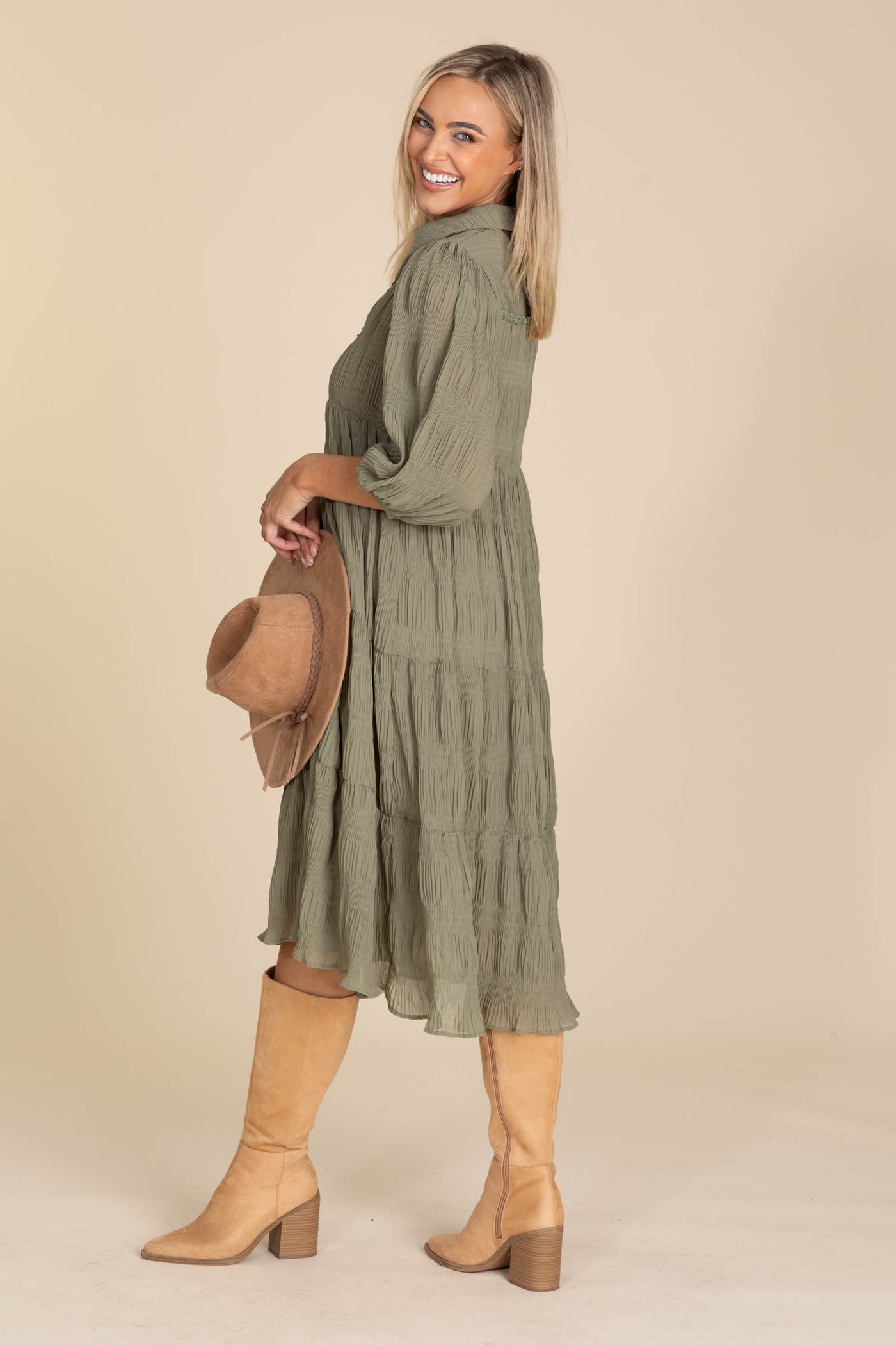Olive Tiered Midi Dress With Balloon Sleeves